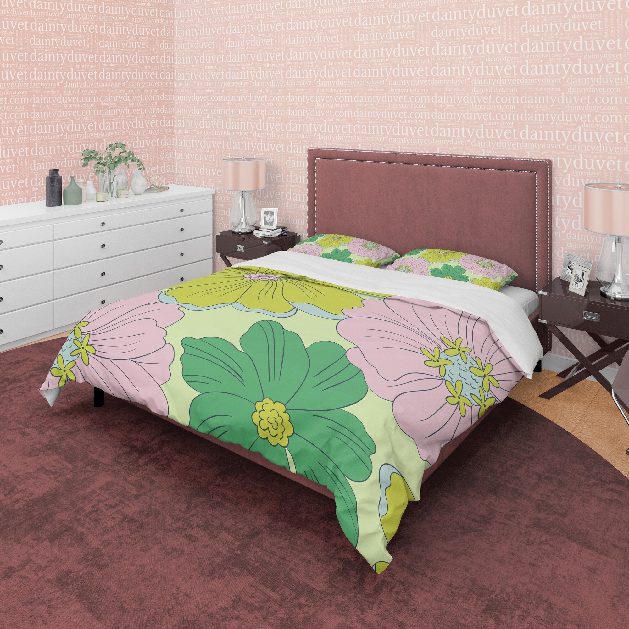 Boho Bedding Colorful Duvet Cover Bohemian Bedroom Set, Green Pink Floral Quilt Cover, Aesthetic Bedspread, Bright Color Unique Room Decor