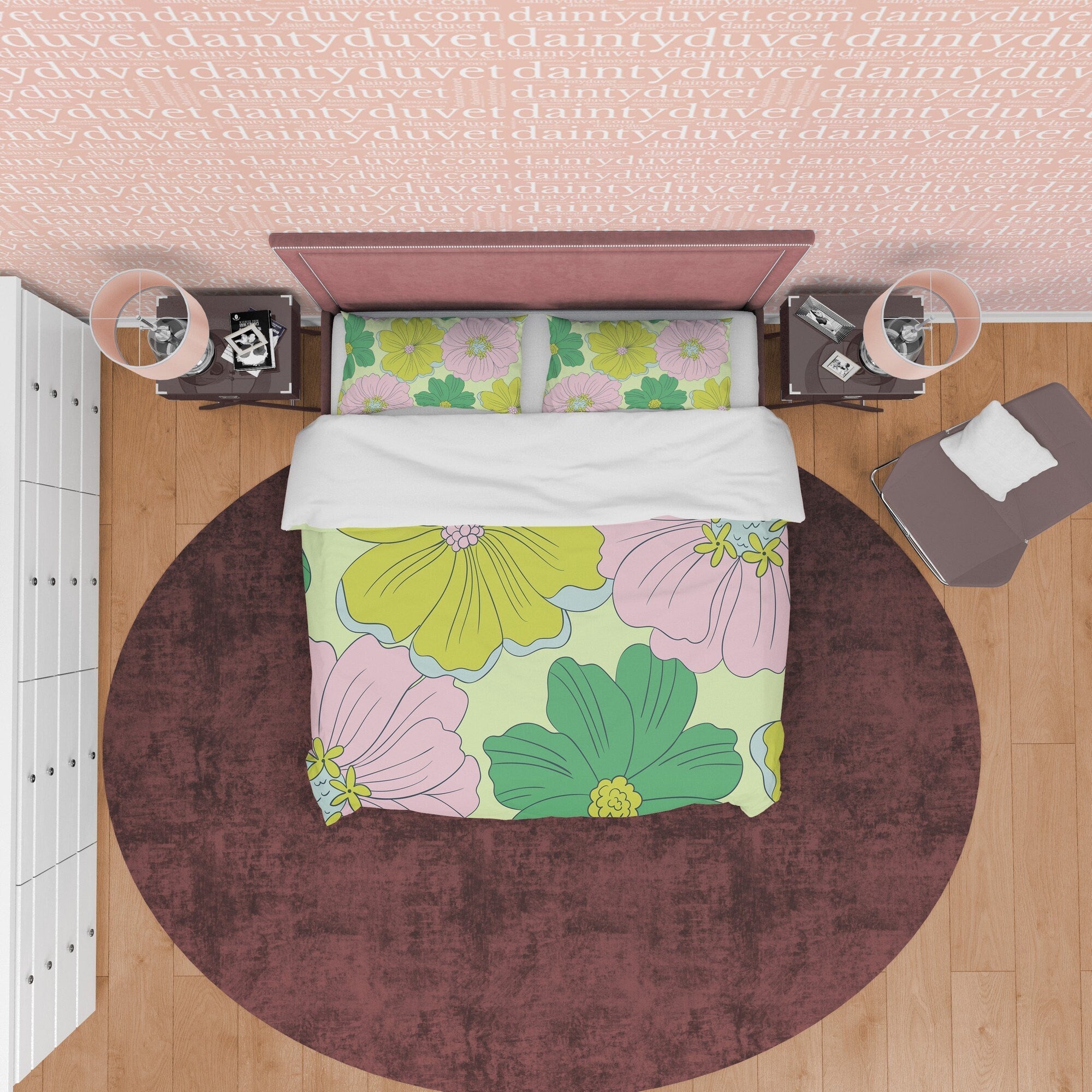 Boho Bedding Colorful Duvet Cover Bohemian Bedroom Set, Green Pink Floral Quilt Cover, Aesthetic Bedspread, Bright Color Unique Room Decor