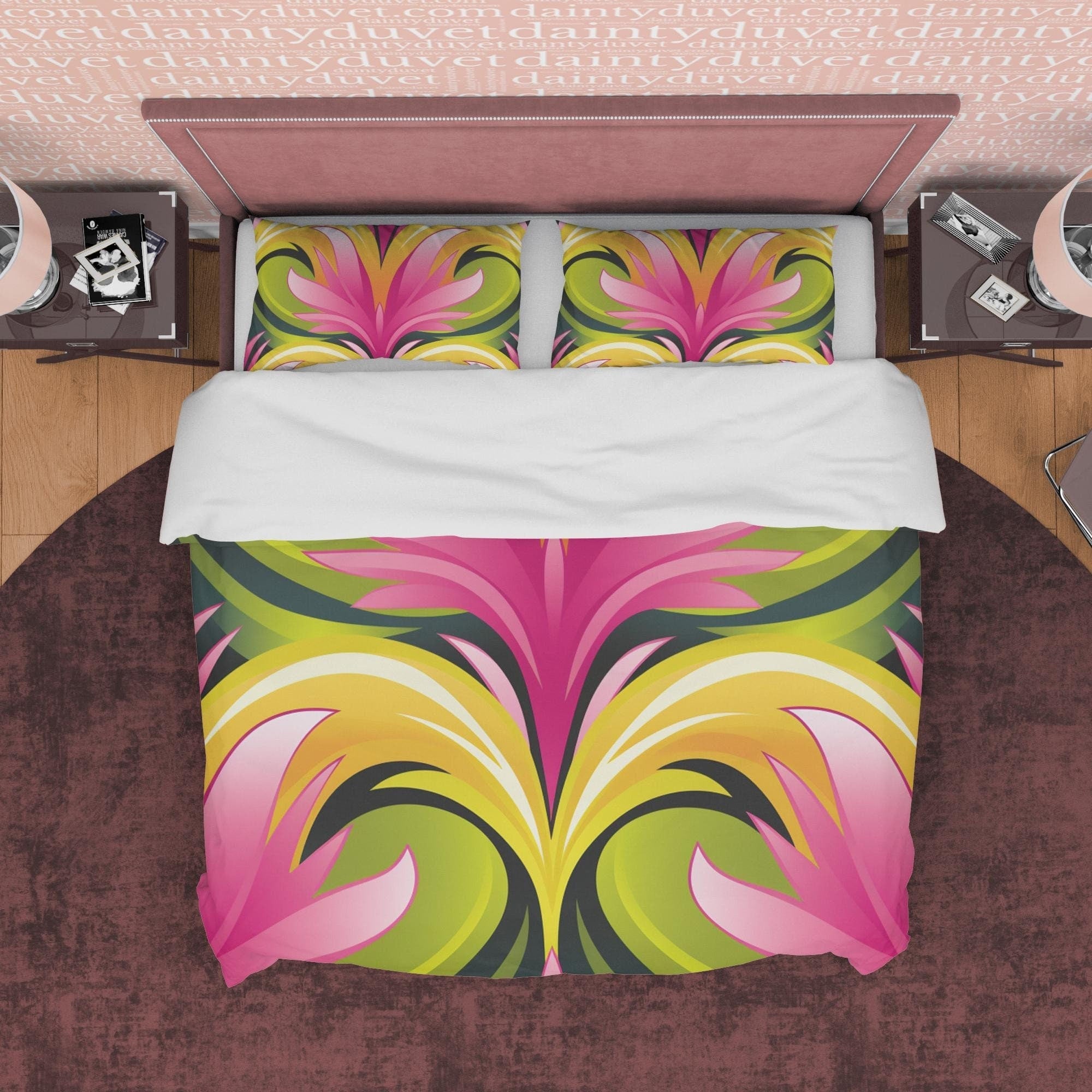 Boho Bedding Colorful Duvet Cover  Pink Floral Quilt Cover, Bohemian Bedroom Set, Aesthetic Bedspread, Bright Color Unique Room Decor