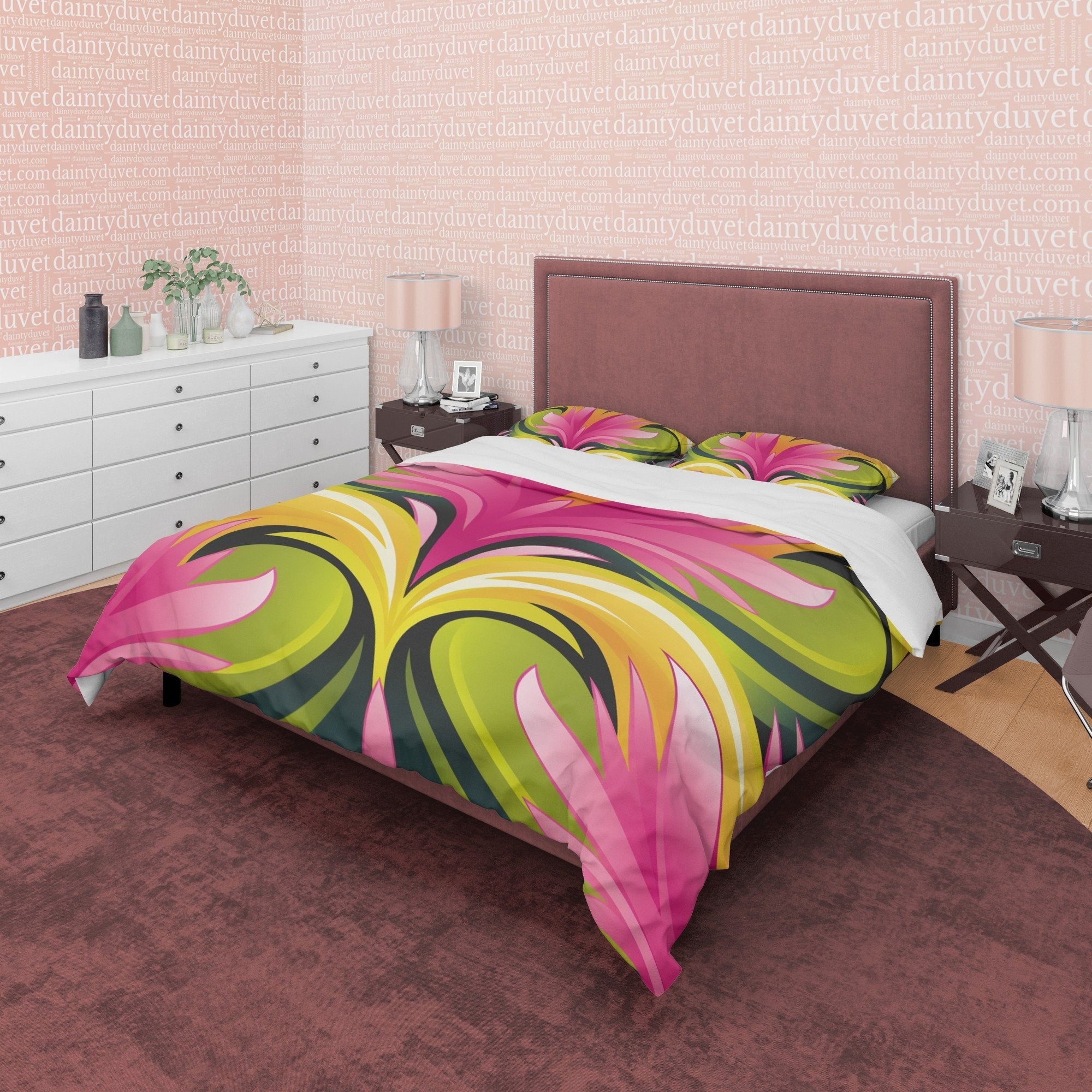 Boho Bedding Colorful Duvet Cover  Pink Floral Quilt Cover, Bohemian Bedroom Set, Aesthetic Bedspread, Bright Color Unique Room Decor