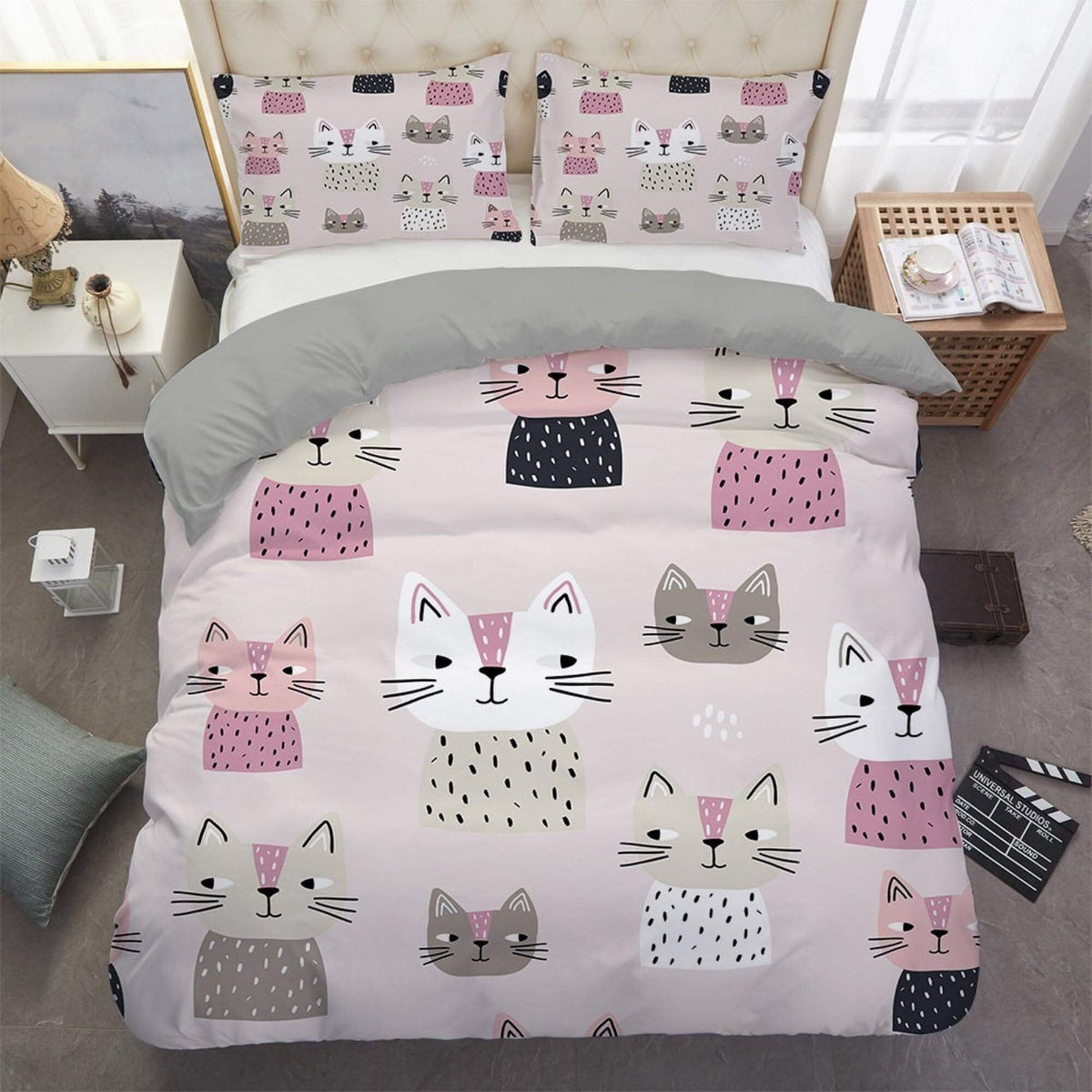daintyduvet Boho cat bedding, toddler bedding, kids duvet cover set, gift for cat lovers, baby bedding, baby shower gift, pink bedding bohemian