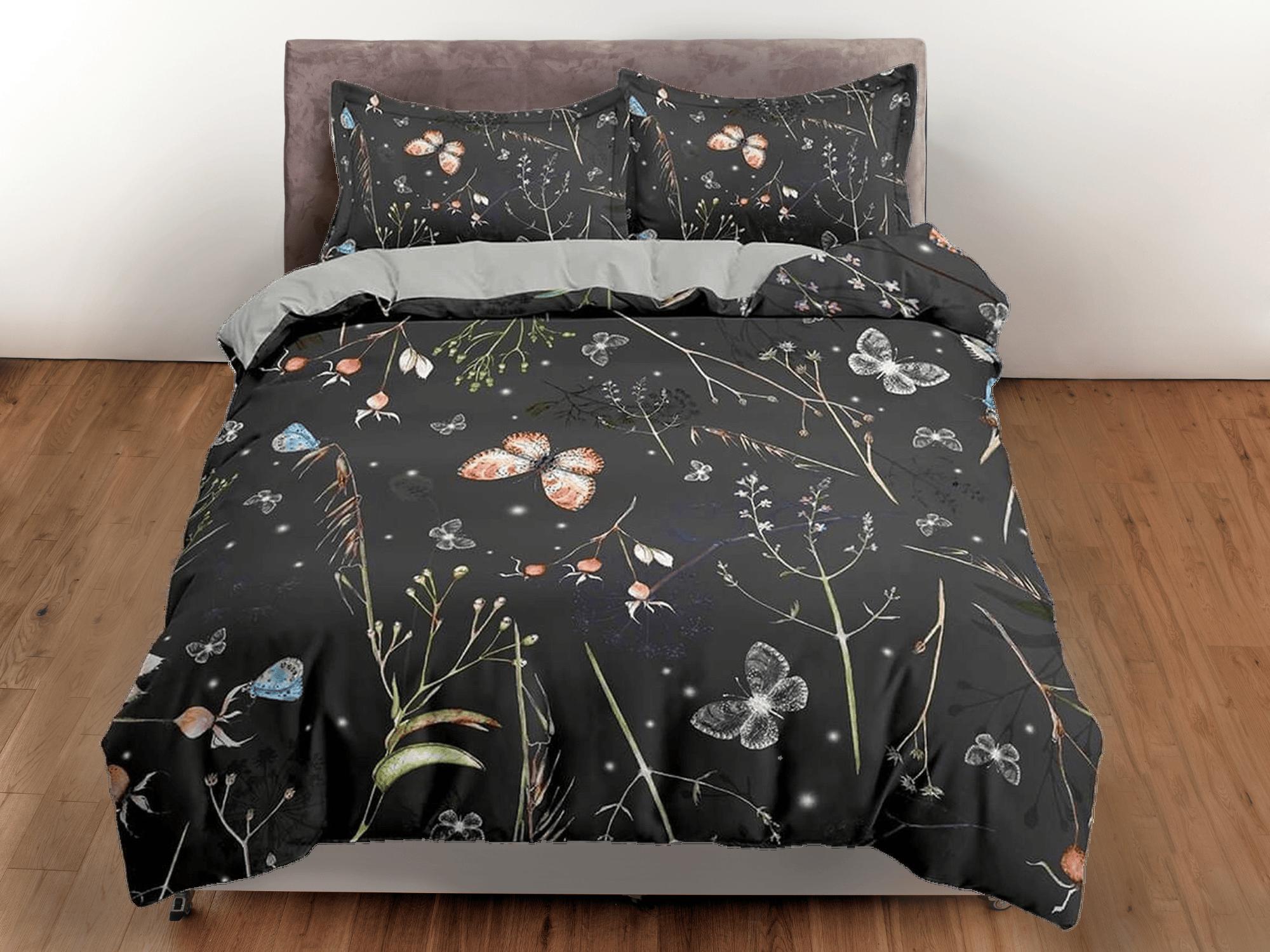 daintyduvet Botanical butterfly bedding black duvet cover colorful dorm bedding, full size adult duvet king queen twin, nursery toddler bedding