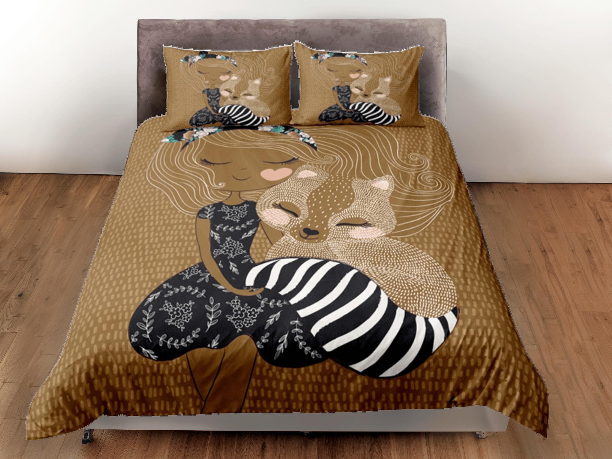 daintyduvet Brown Duvet Cover Set Cute Kids Bedspread, Squirrel Dorm Bedding with Pillowcase