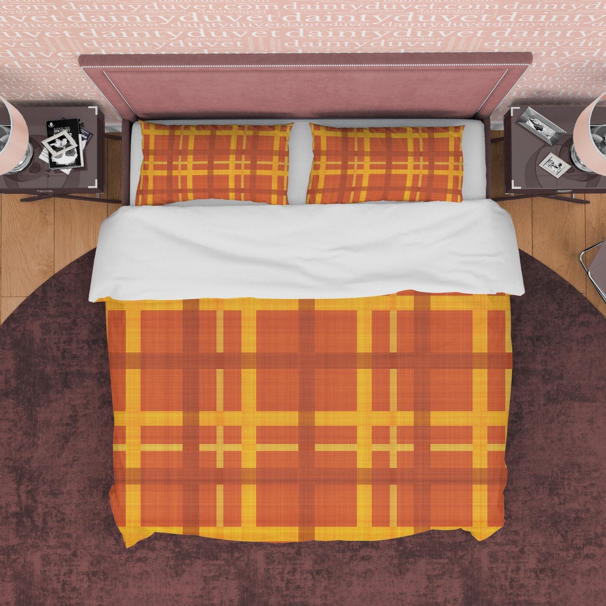 Brown Orange Geometric Plaid Bedding Checkered Duvet Cover, Modern Farmhouse Rustic Bedroom Set, Tartan Quilt Cover, Bedspread Autumn Color