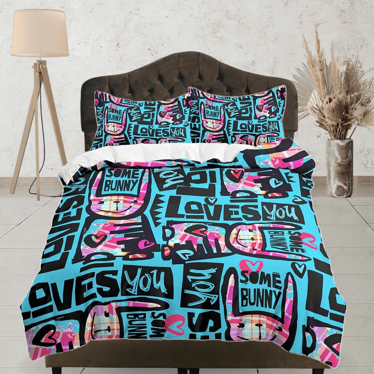 daintyduvet Bunny Loves You Funky Design Bedding, Unique Duvet Cover, Neon Bedding with Pillowcase, Zipper Bedding, King Queen Full Twin
