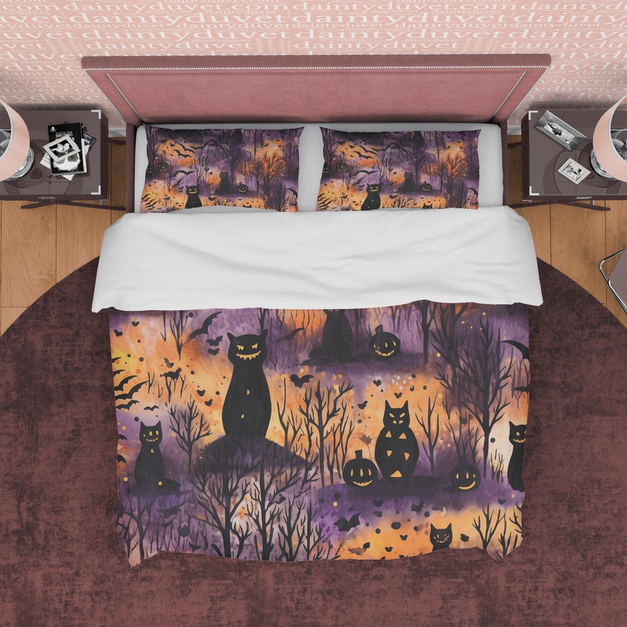 Burnt Forest  Duvet Cover Set, Scary Cat Quilt Cover, Autumn Bedding, Halloween Decor, Spooky Bedding, Fall Bedding Set, Cotton Bedspread