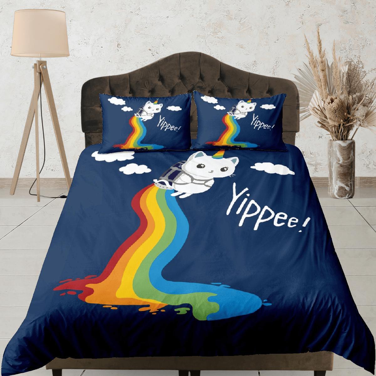 daintyduvet Cat Lover Duvet Cover Bedspread, Cute Cat in Rainbow Bedding for Teens Kids Bedroom