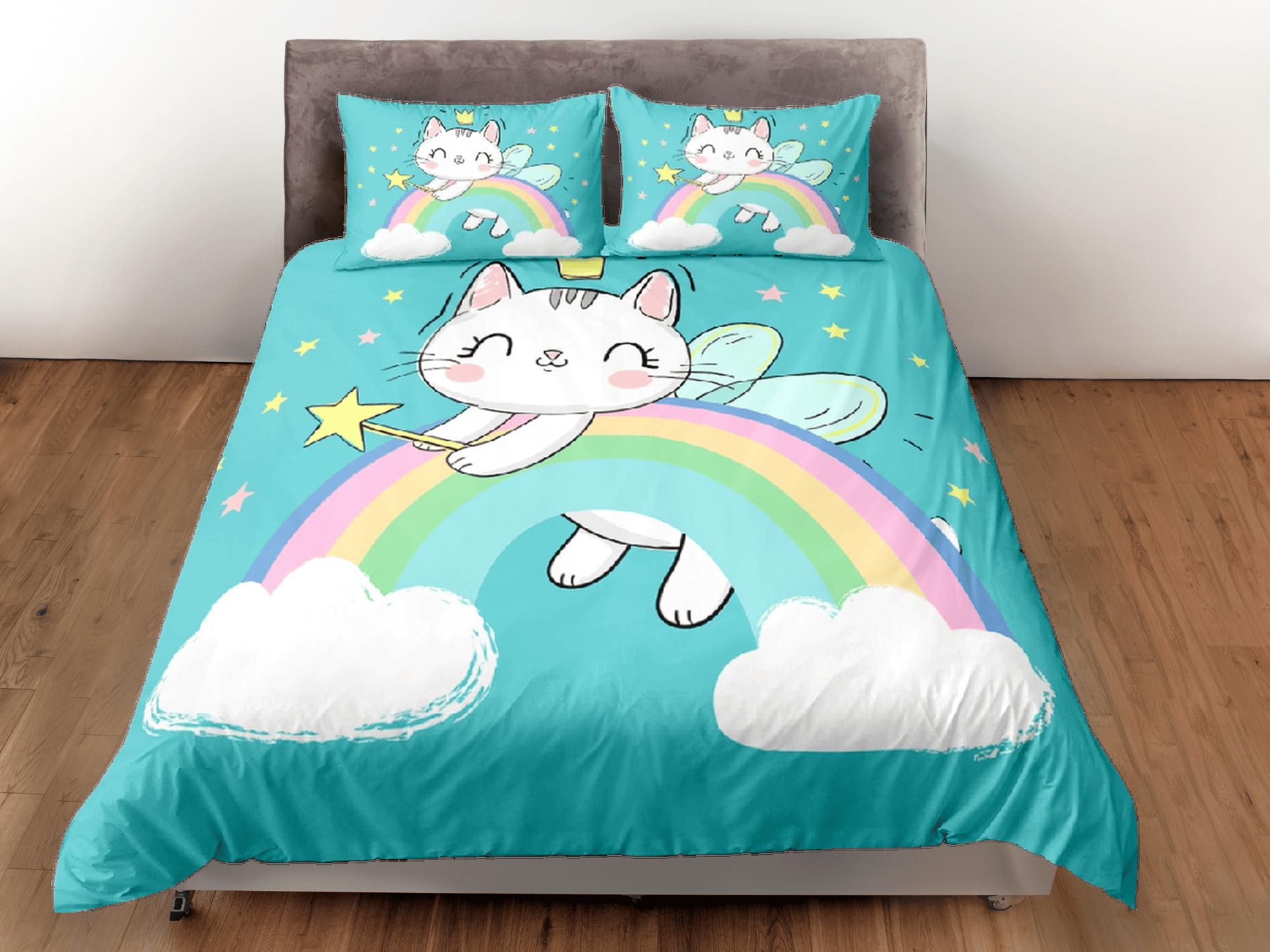 daintyduvet Cat Lover Duvet Cover Bedspread Cute Cat in Rainbow Bedding for Teens Kids Bedroom Comforter Cover