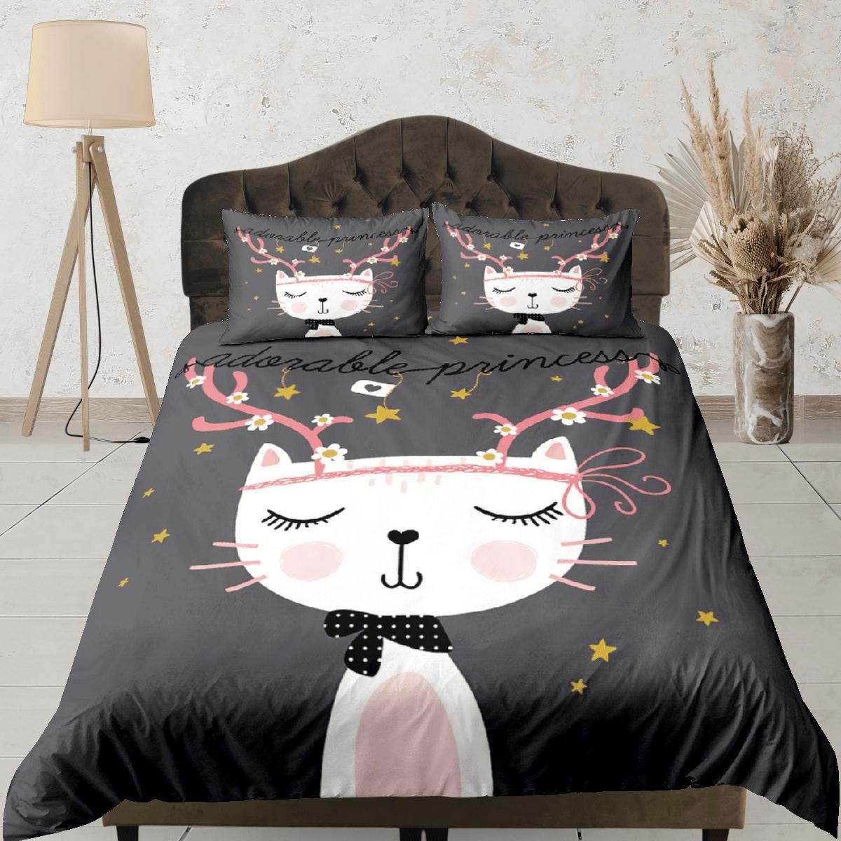 daintyduvet Cat Lover Duvet Cover Grey Bedspread Cute White Cat Bedding for Teens Kids Bedroom Comforter Cover