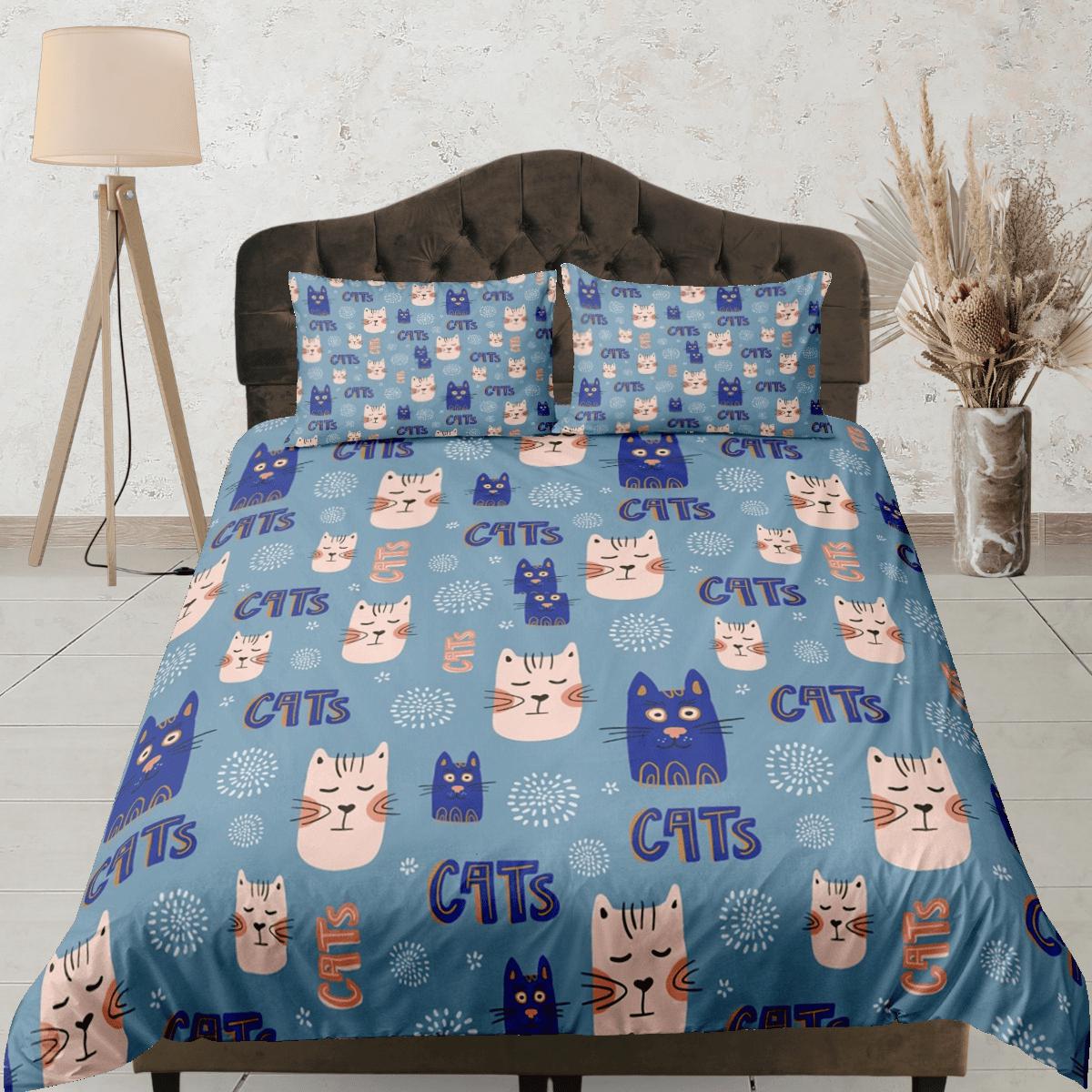 daintyduvet Cat Lover Duvet Cover Set Bedspread, Cute Cats Blue Bedding for Teens Kids Bedroom