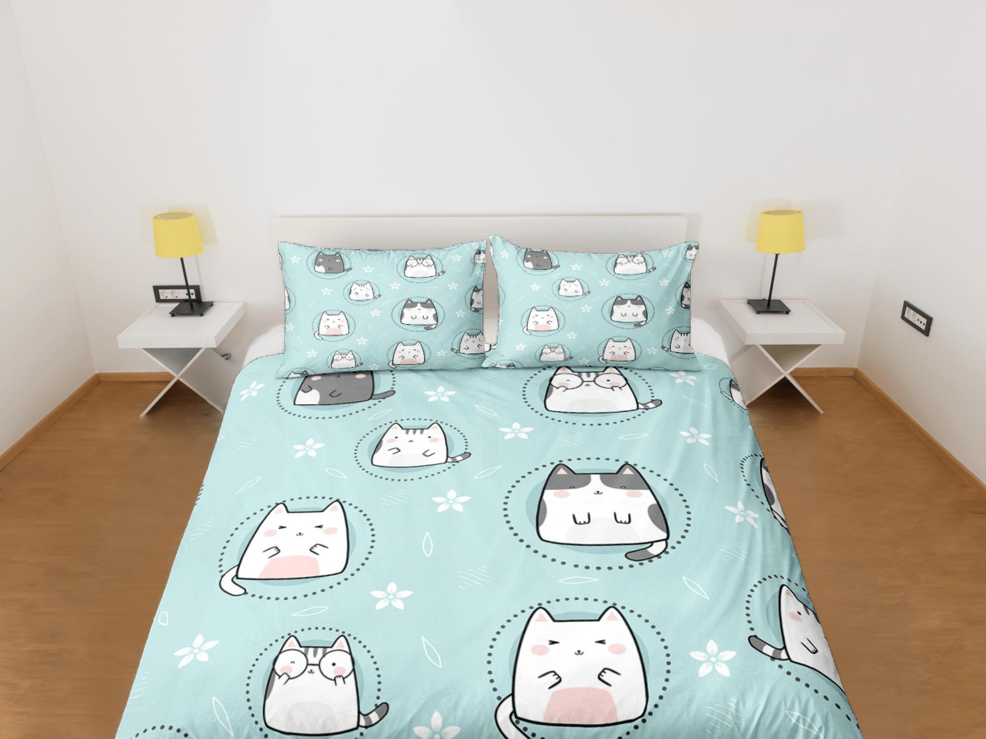 daintyduvet Cat Lover Duvet Cover Set Bedspread, Cute Cats Green Bedding for Teens Kids Bedroom