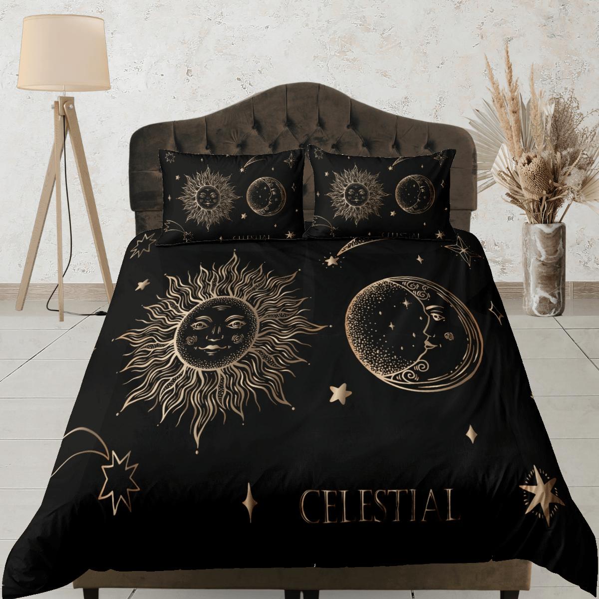 daintyduvet Celestial bedding black, sun and moon witchy decor dorm bedding, aesthetic duvet boho bedding set full king queen, astrology gift gothic art