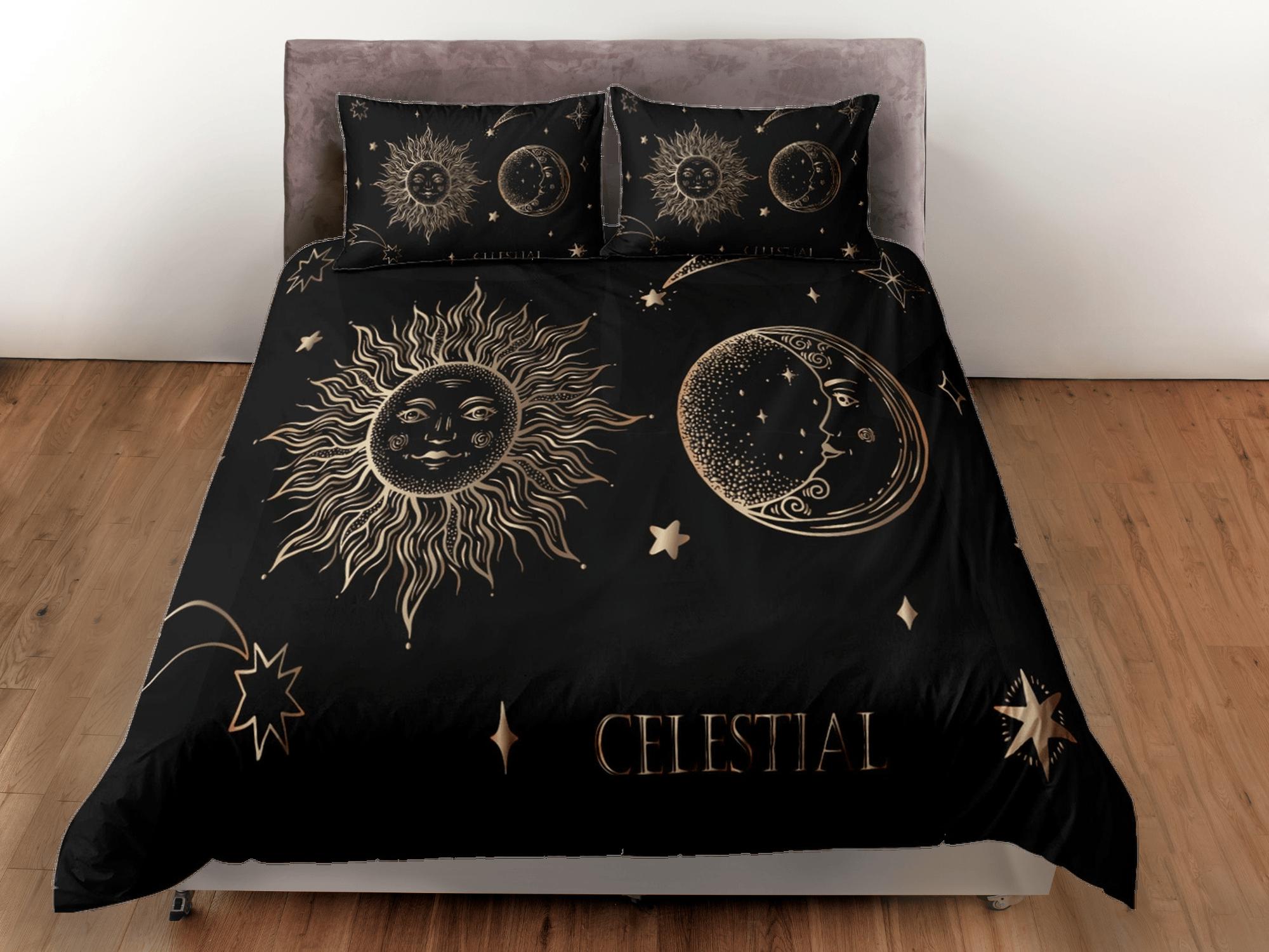 daintyduvet Celestial bedding black, sun and moon witchy decor dorm bedding, aesthetic duvet boho bedding set full king queen, astrology gift gothic art