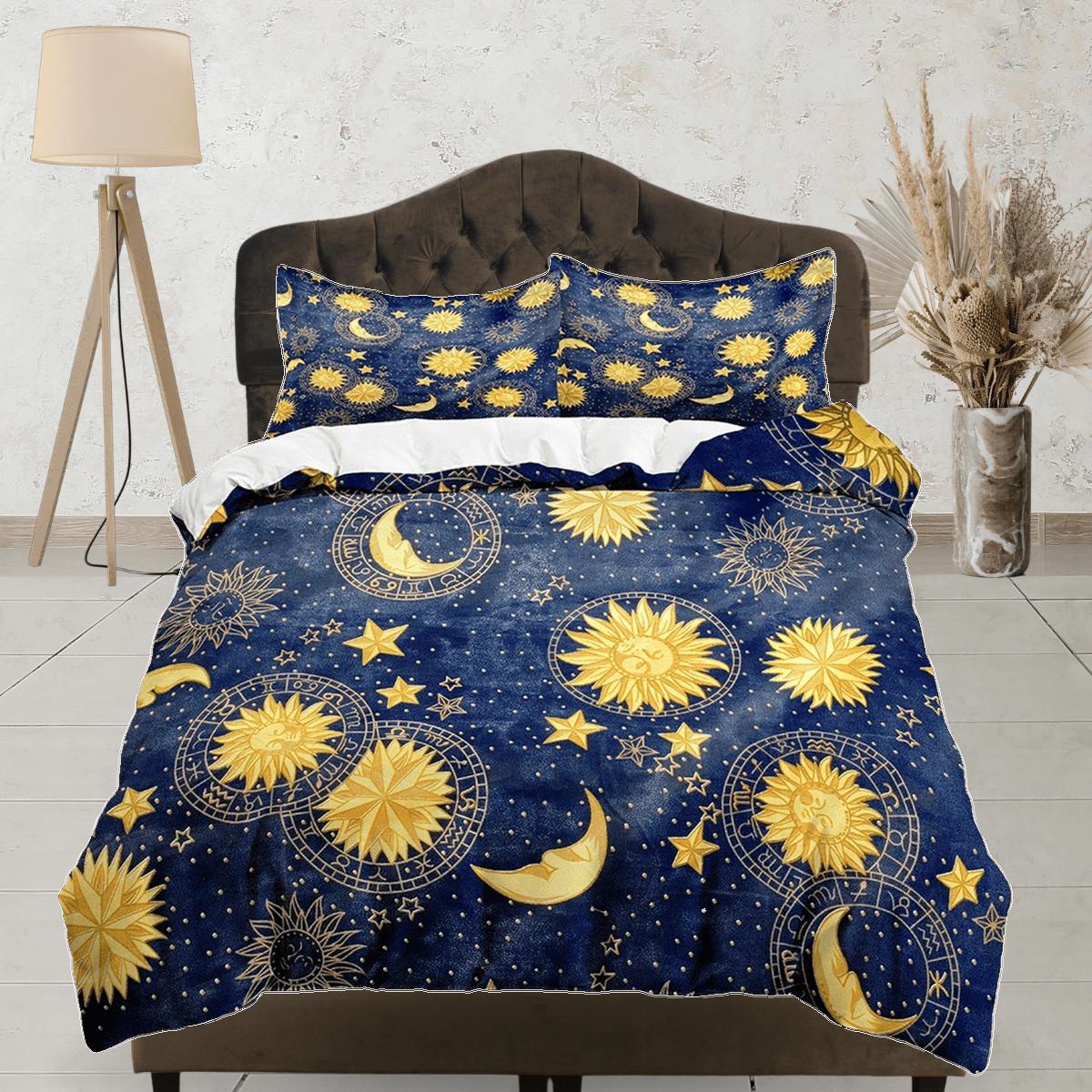 daintyduvet Celestial bedding blue sky sun and moon, witchy decor dorm bedding, aesthetic duvet cover, boho bedding set full king queen, astrology gifts