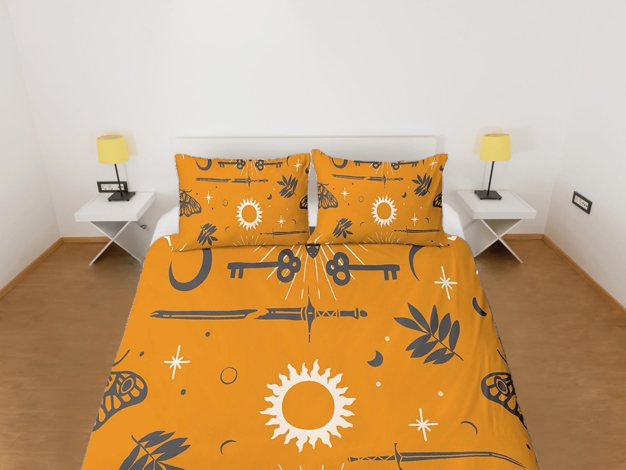 daintyduvet Celestial bedding yellow, witchy decor dorm bedding, aesthetic duvet cover set, boho bedding set full king queen, astrology gifts, luna moth