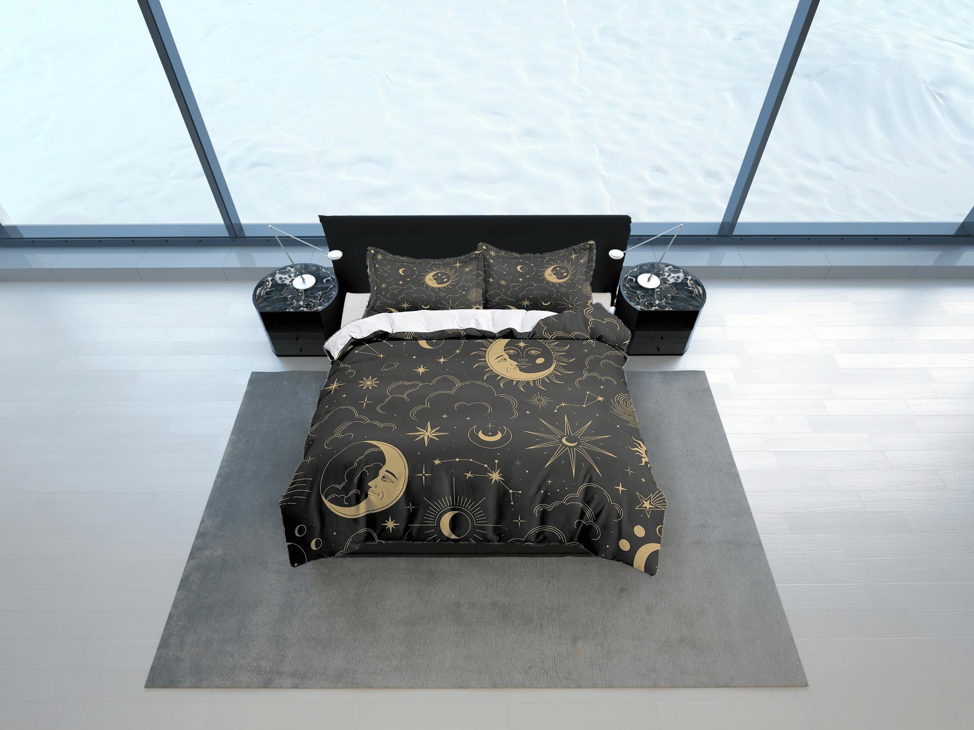 daintyduvet Celestial black crescent moon bedding bronze witchy decor dorm bedding, aesthetic duvet, boho bedding full king queen, astrology gift gothic