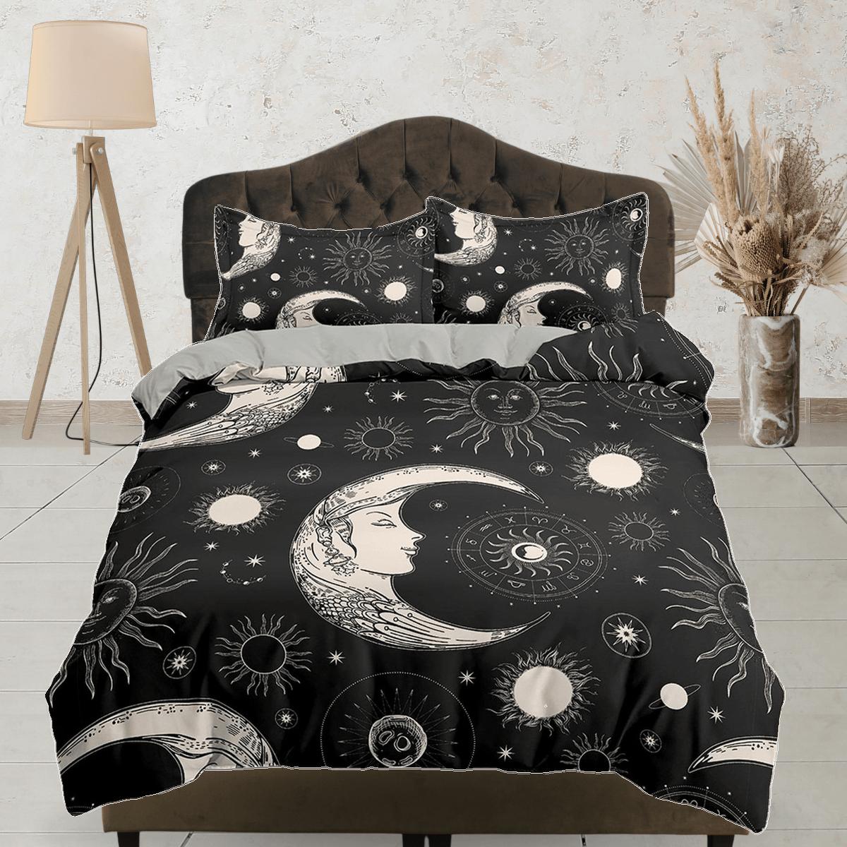 daintyduvet Celestial black crescent moon bedding, witchy decor dorm bedding, aesthetic duvet, boho bedding set full king queen, astrology gift gothic