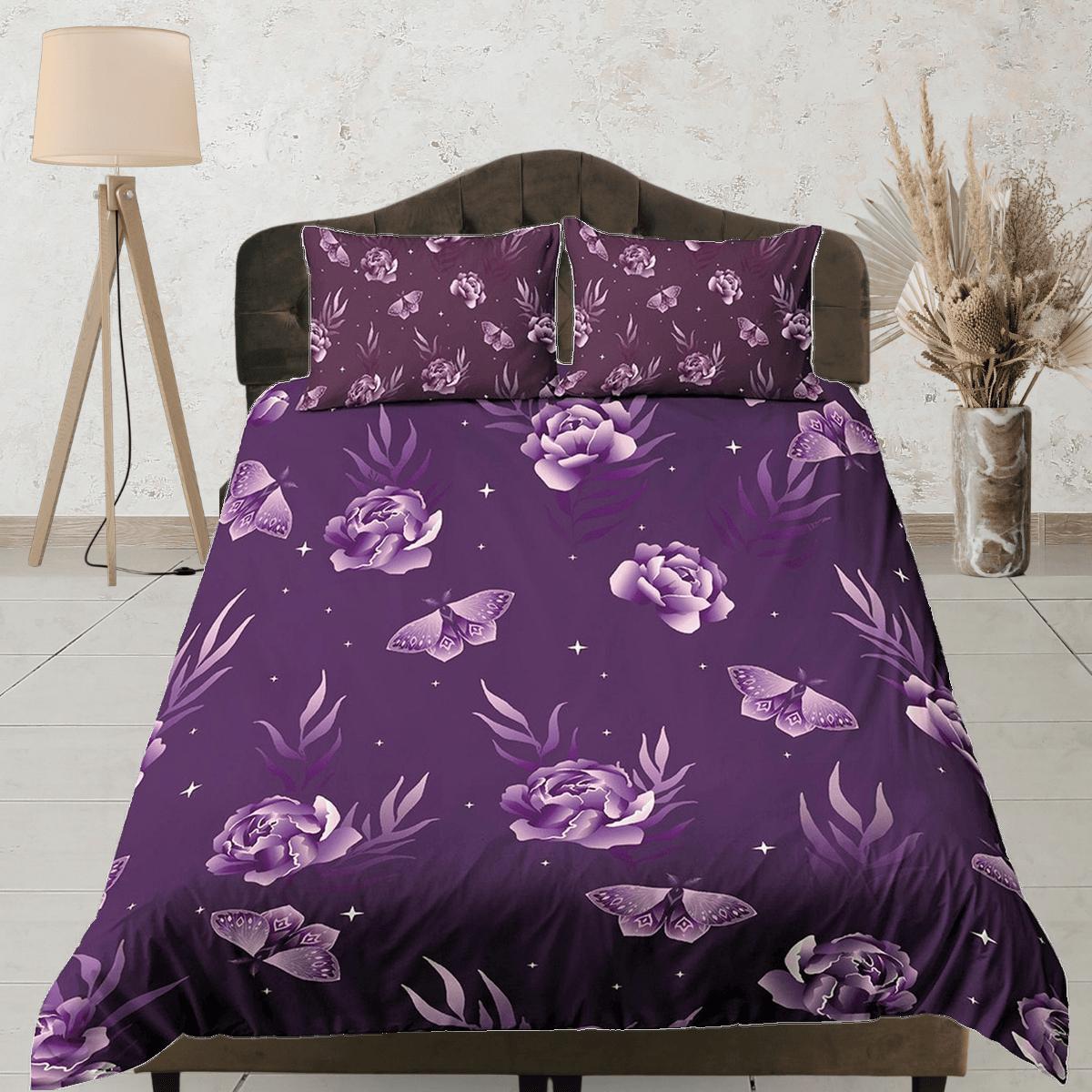 daintyduvet Celestial purple bedding luna moth, witchy decor dorm bedding, aesthetic duvet, boho bedding set full king queen, astrology gifts, gothic