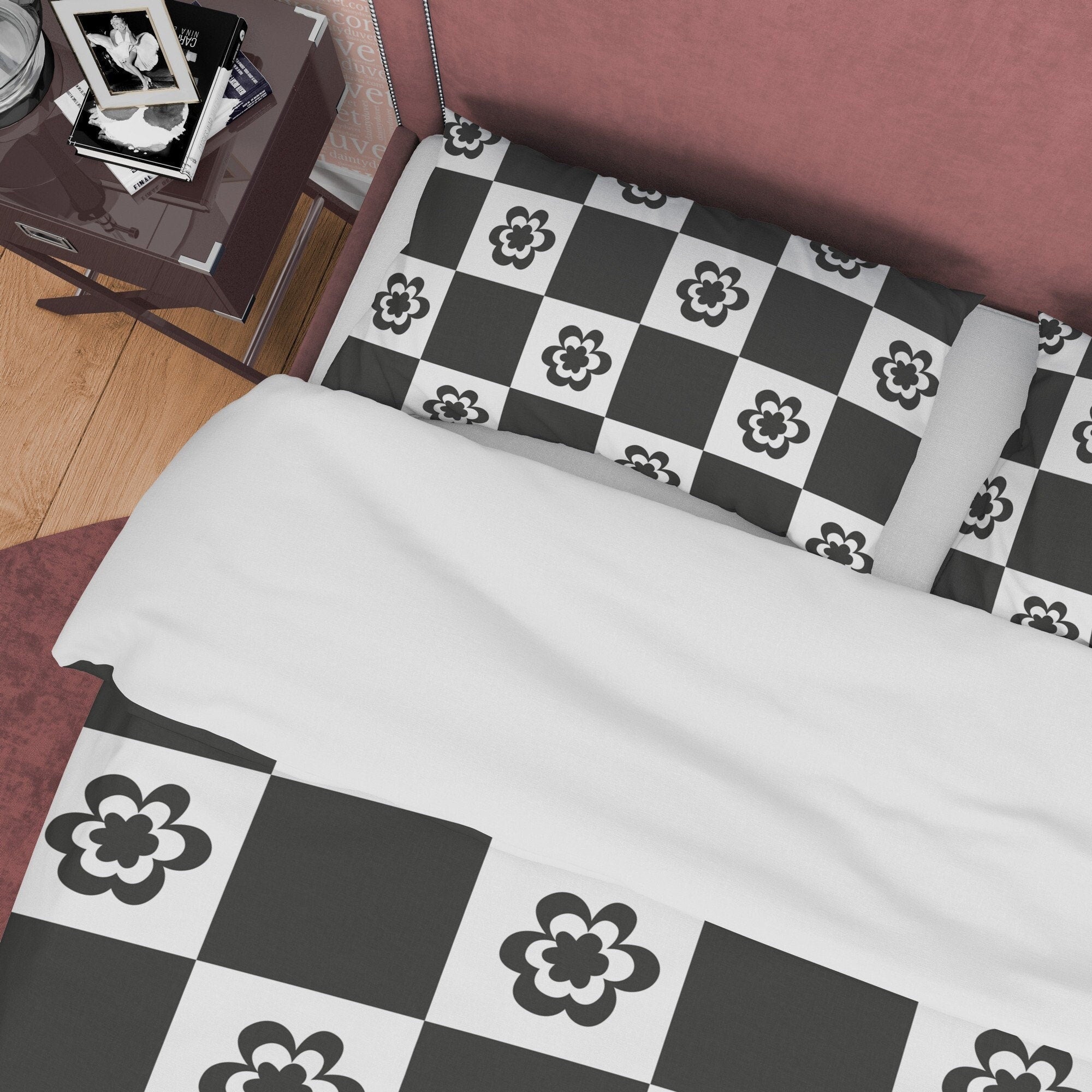 Checkered Floral Blanket Cover Black and White Duvet Cover Set, Retro Printed Bedding Set, 90s Nostalgia Quilt Cover, Groovy Bedspread