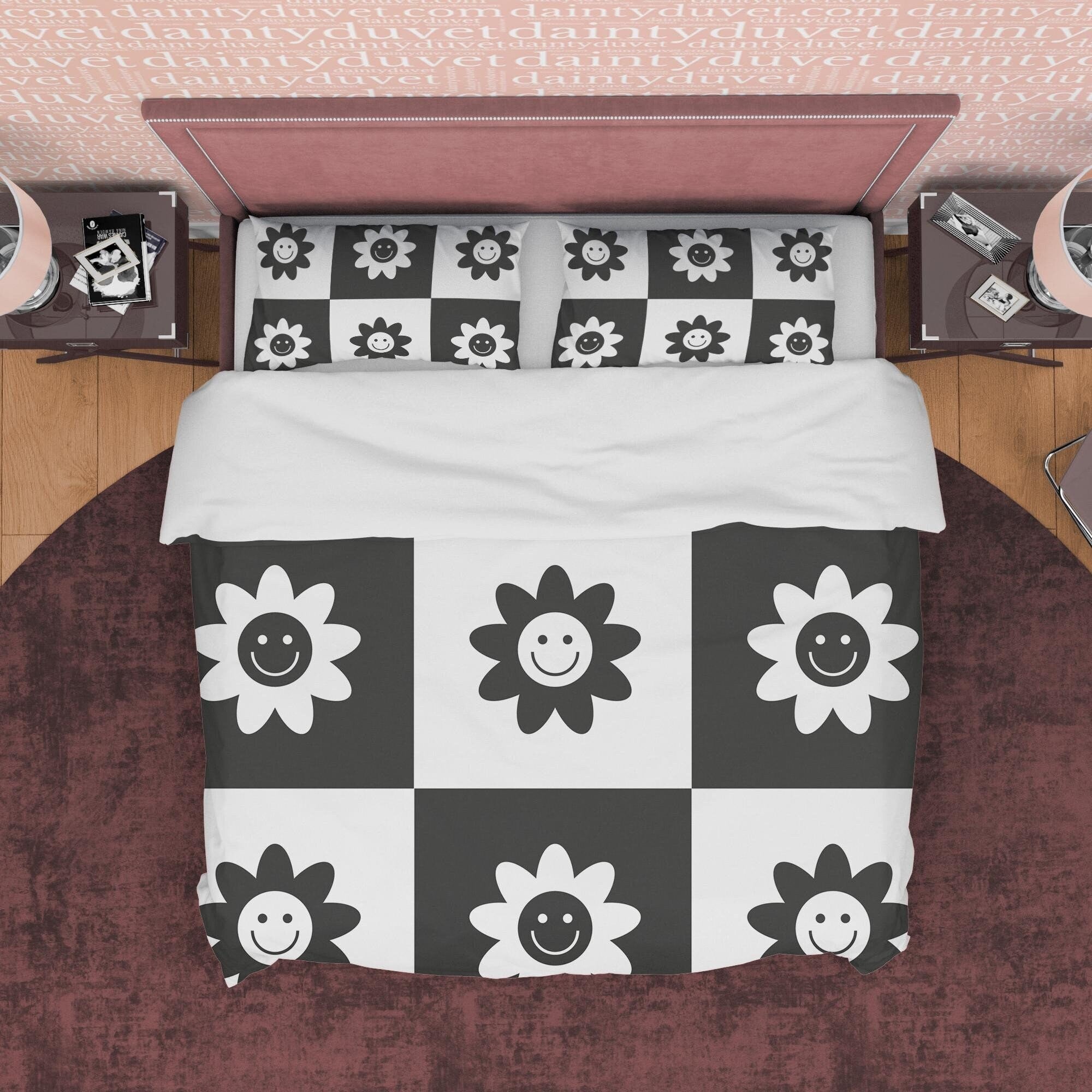Checkered Quilt Cover Black and White Duvet Cover Set, Retro Smily Flower Printed Bedding Set, 90s Nostalgia Blanket Cover, Groovy Bedspread
