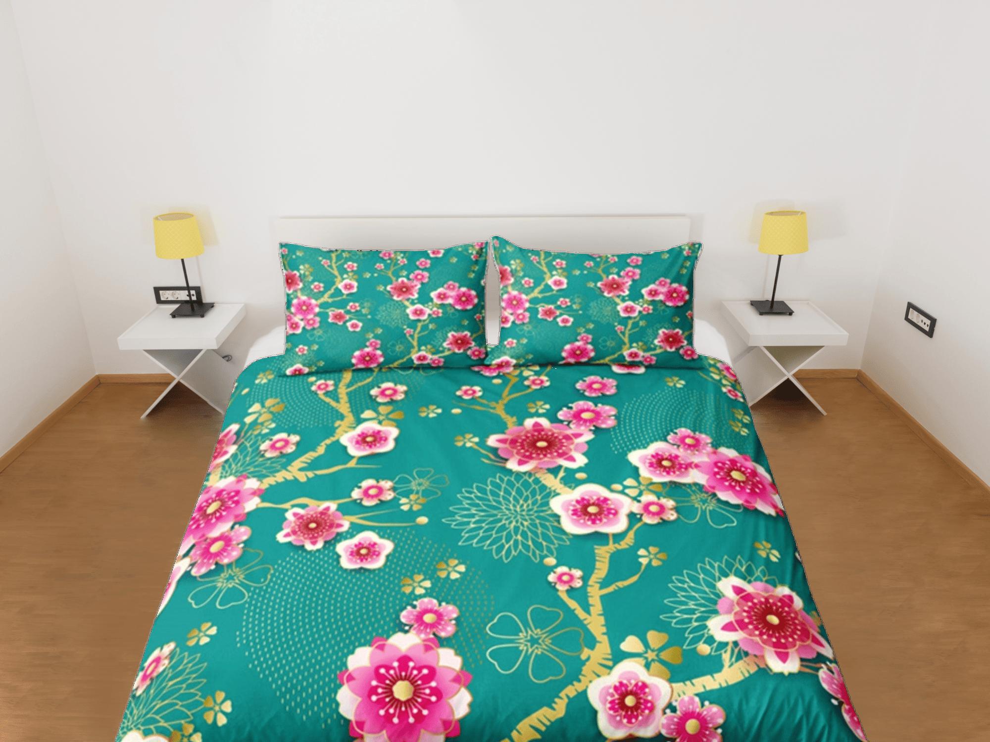 daintyduvet Cherry Blossom Green Duvet Cover Set, Floral Bedspread Dorm Bedding Set