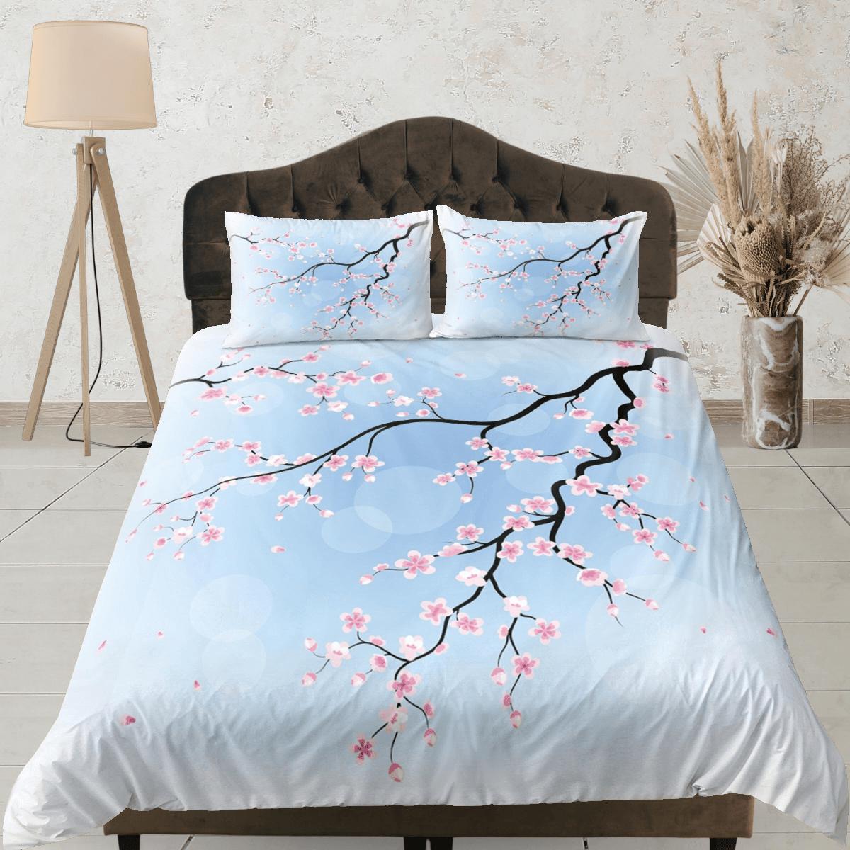 daintyduvet Cherry blossom light blue bedding floral prints duvet cover queen, king, boho bedding designer bedspread full size bedding aesthetic