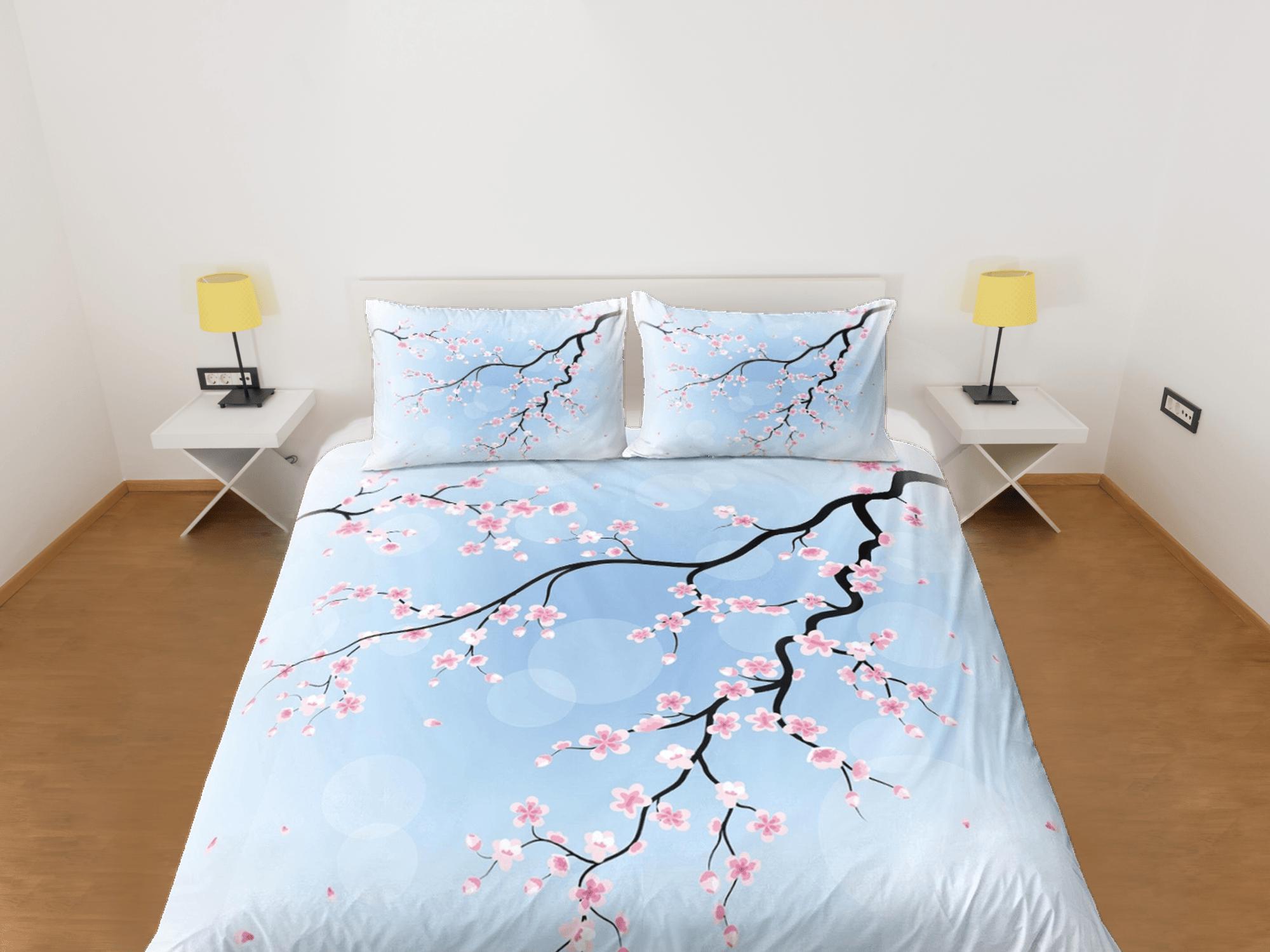 daintyduvet Cherry blossom light blue bedding floral prints duvet cover queen, king, boho bedding designer bedspread full size bedding aesthetic