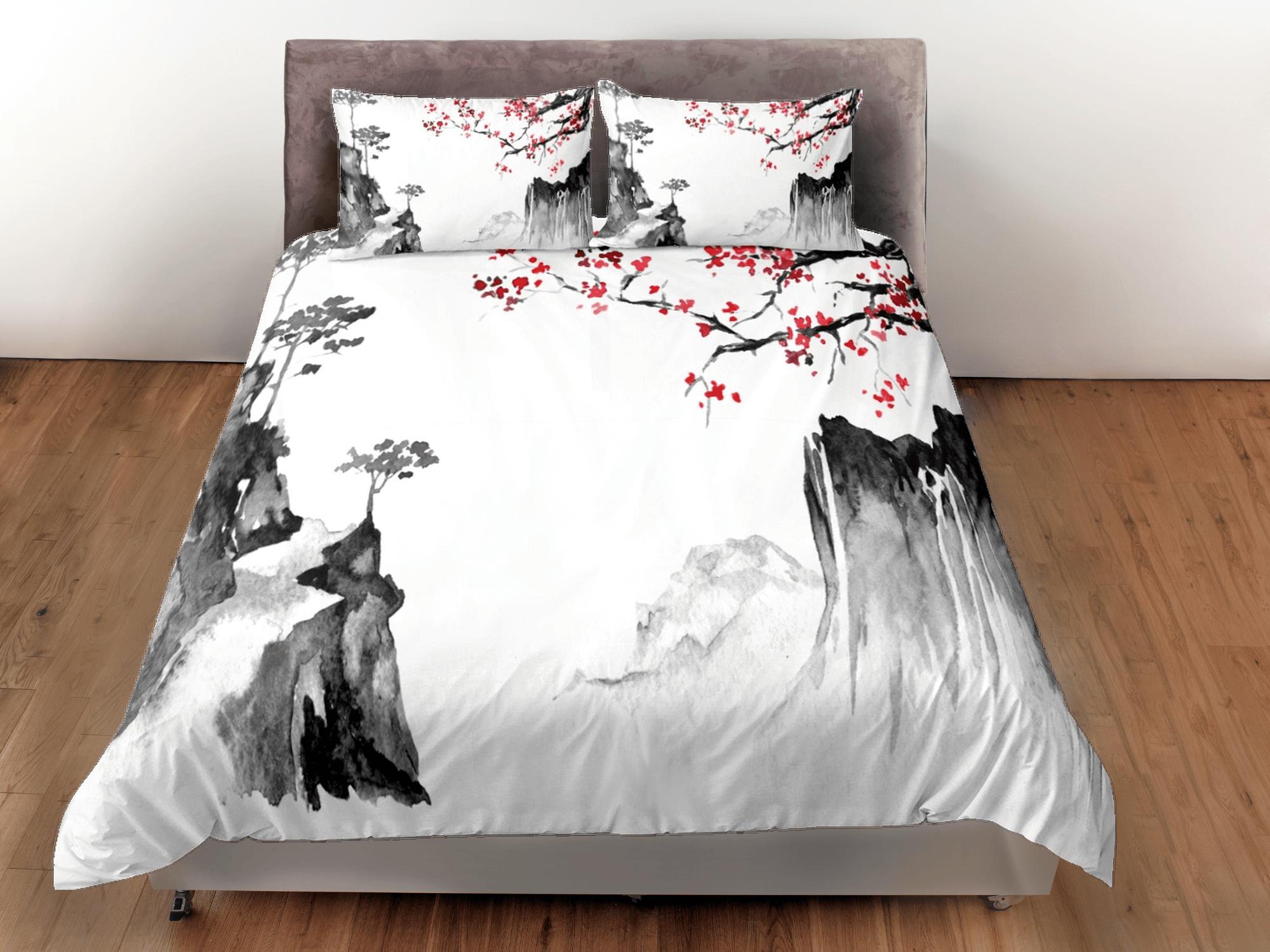 daintyduvet Cherry blossom oriental painting bedding floral prints duvet cover queen, king, boho bedding designer bedspread full size bedding aesthetic
