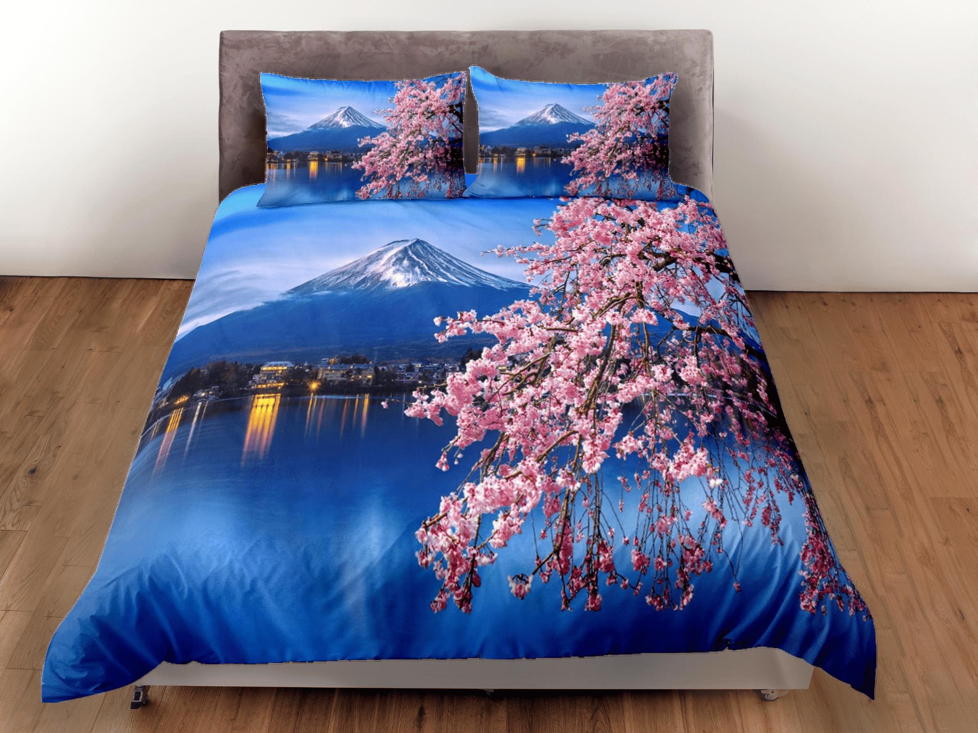 daintyduvet Cherry blossoms and mt. fuji printed bedding, japanese duvet cover set for king, queen, full, twin, single, toddler, zipper bedding