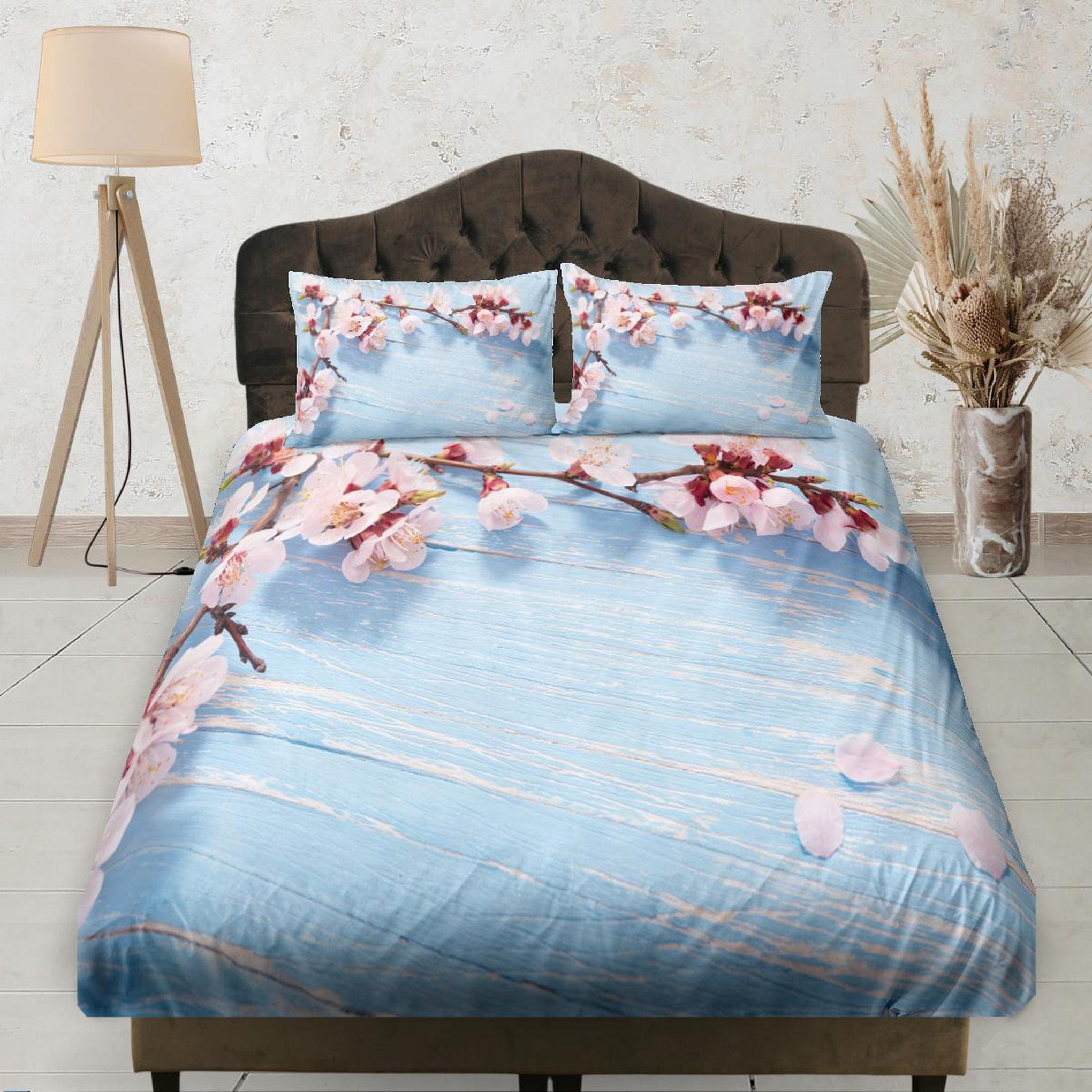daintyduvet Cherry Blossoms in Light Blue Wood, Floral Printed Bedsheet, Deep Pocket, Boho Bedding Set Full, Dorm Bedding, Shabby Chic Bedding