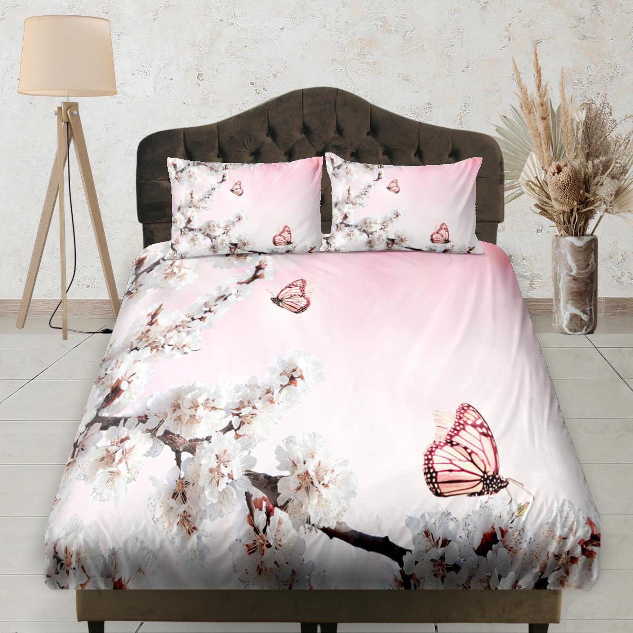 daintyduvet Cherry Blossoms Light Pink Bedding, Fitted Sheet, Deep Pocket, Floral Prints, Aesthetic Boho Bedding Set, Dorm Bedding, Shabby Chic Bedding