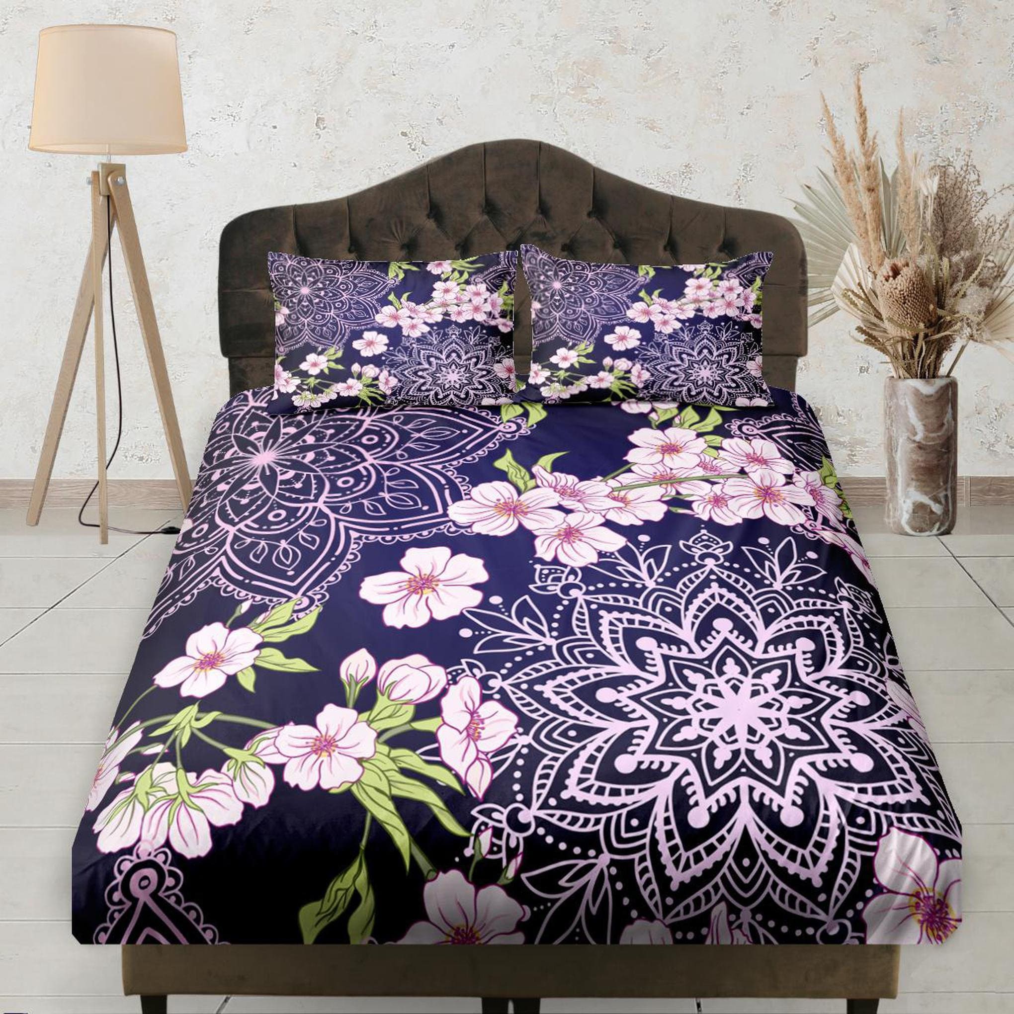 daintyduvet Cherry Blossoms Mandala Purple Bedsheet, Floral Prints, Boho Bedding Set, Elastic Bedsheet, Dorm Bedding, Crib Sheet, King, Queen, Double