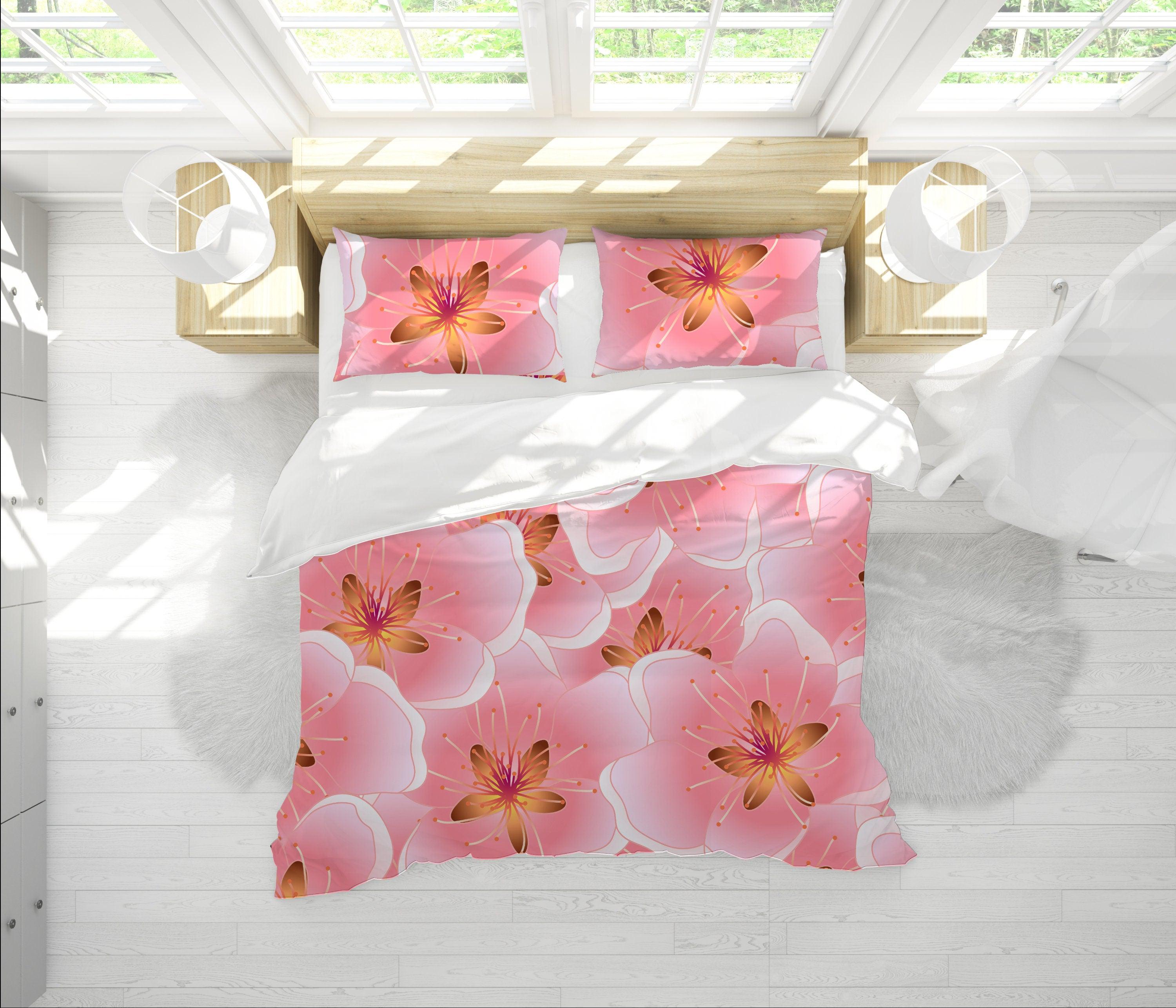 daintyduvet Cherry Blossoms Pink Duvet Cover Set | Floral Bedding Set with Pillow Cover Case