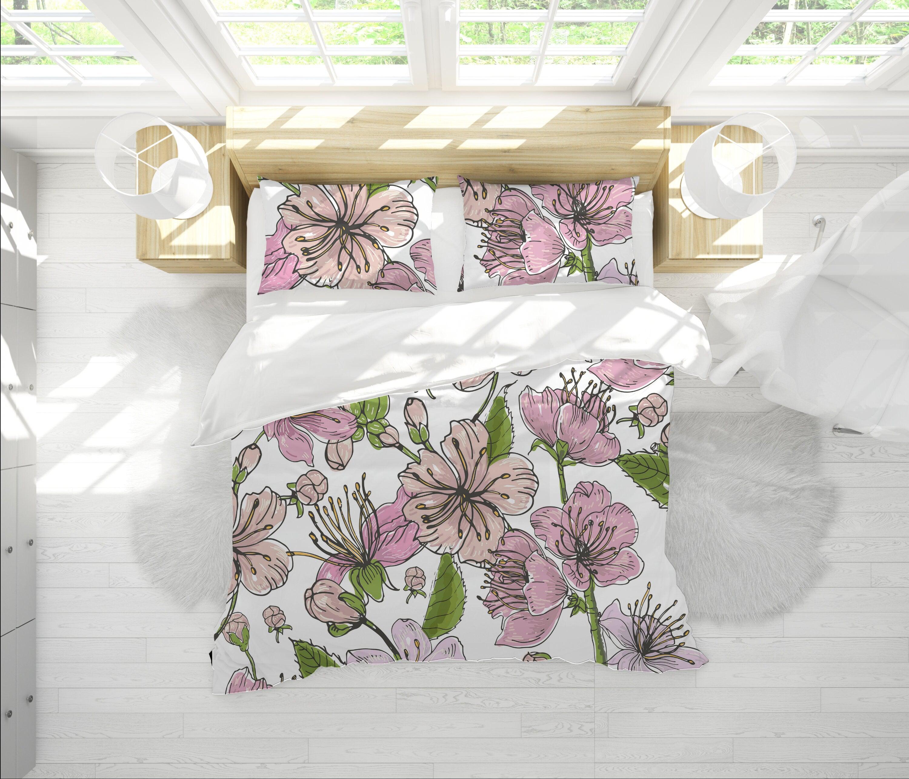 daintyduvet Cherry Blossoms White Duvet Cover Set | Floral Bedding Set with Pillow Cover Case