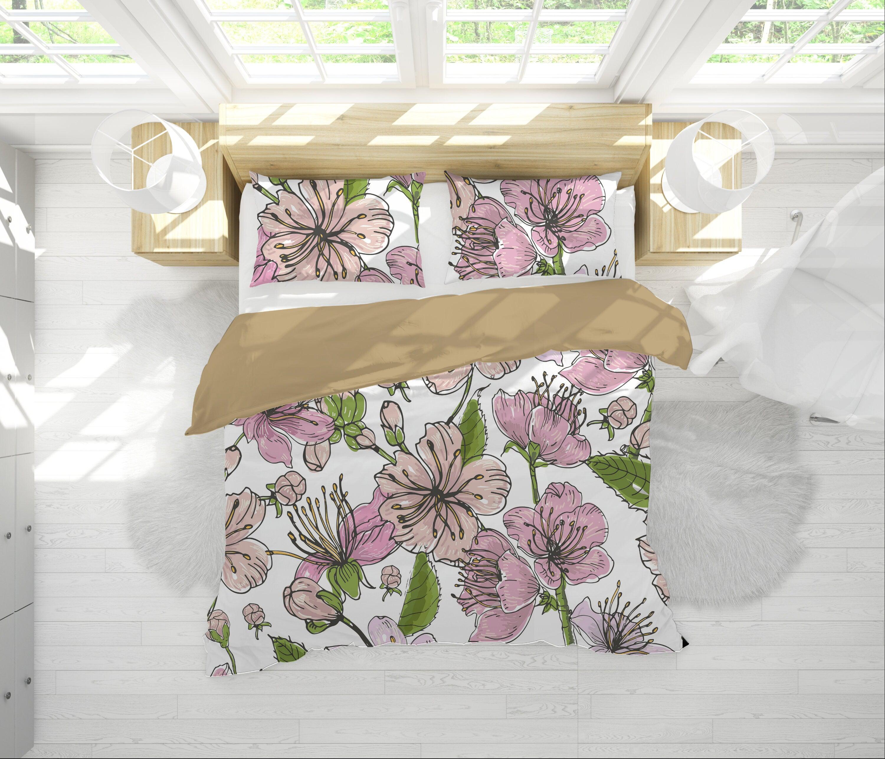 daintyduvet Cherry Blossoms White Duvet Cover Set | Floral Bedding Set with Pillow Cover Case