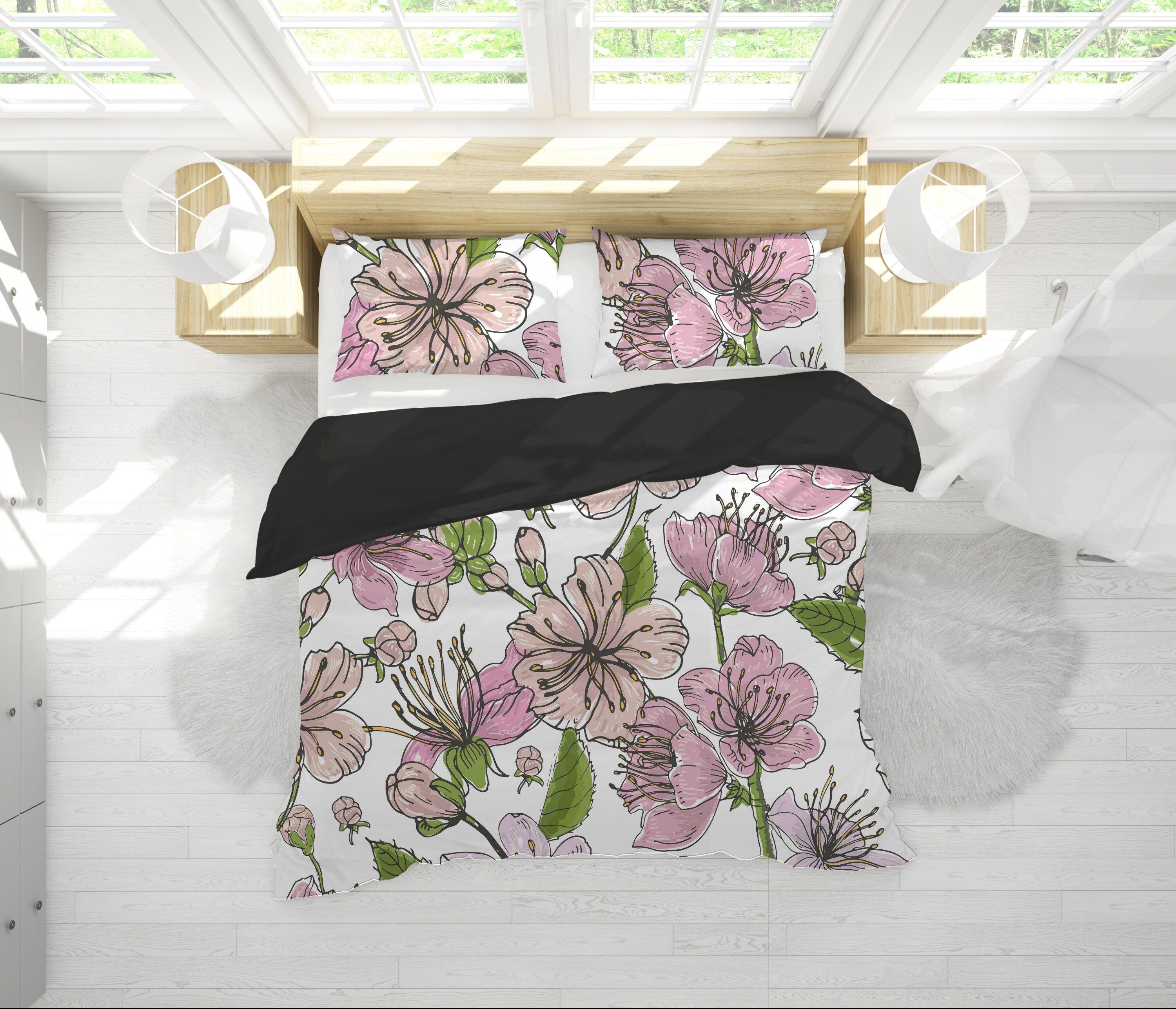 daintyduvet Cherry Blossoms White Duvet Cover Set | Floral Bedding Set with Pillow Cover Case