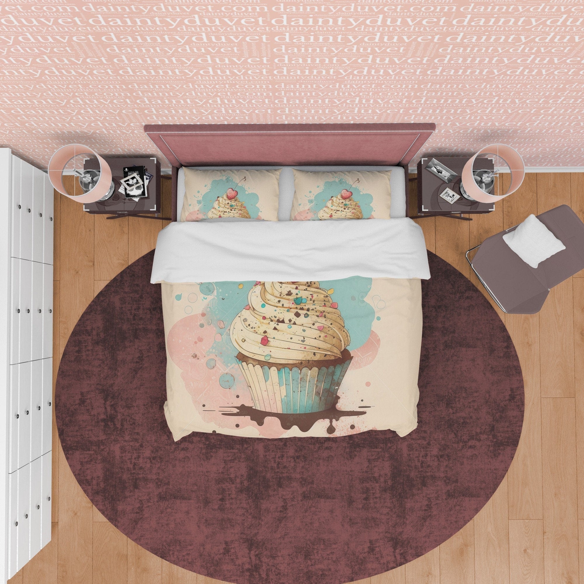 Cherry Cupcake Duvet Cover Boho Bedroom Set, Pastel Color Girly Bedspread, Cute Quilt Cover, Sweet Dorm Bedding, Baby Girl Crib Set
