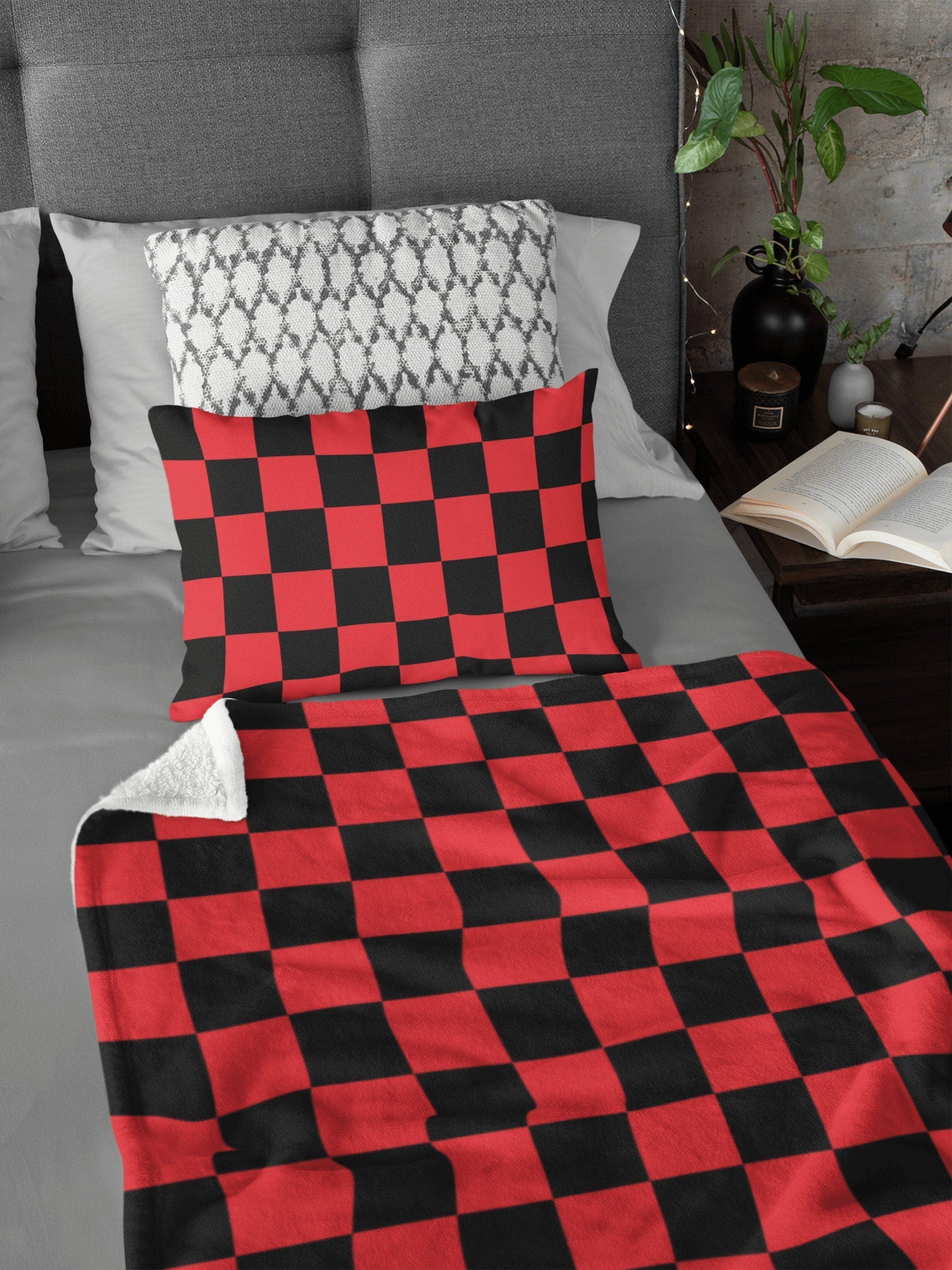 daintyduvet Chess Board Inspired Check Pattern Red Soft Fluffy Velvet Flannel Fleece Throw Blanket