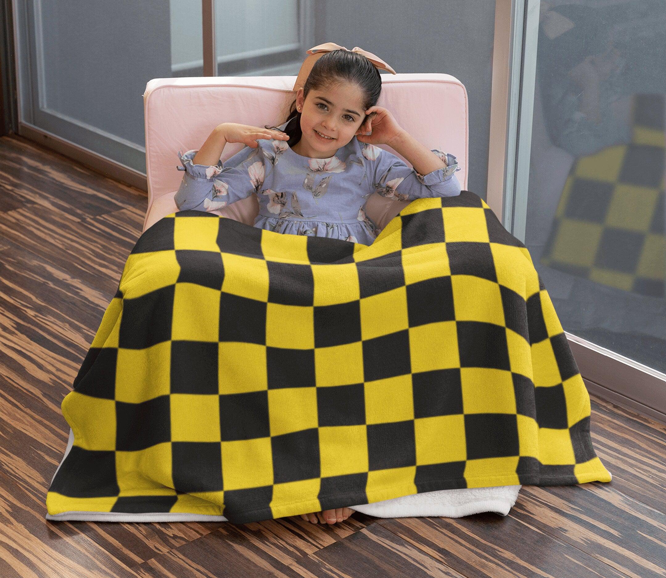 daintyduvet Chess Board Inspired Check Pattern Yellow Soft Fluffy Velvet Flannel Fleece Throw Blanket