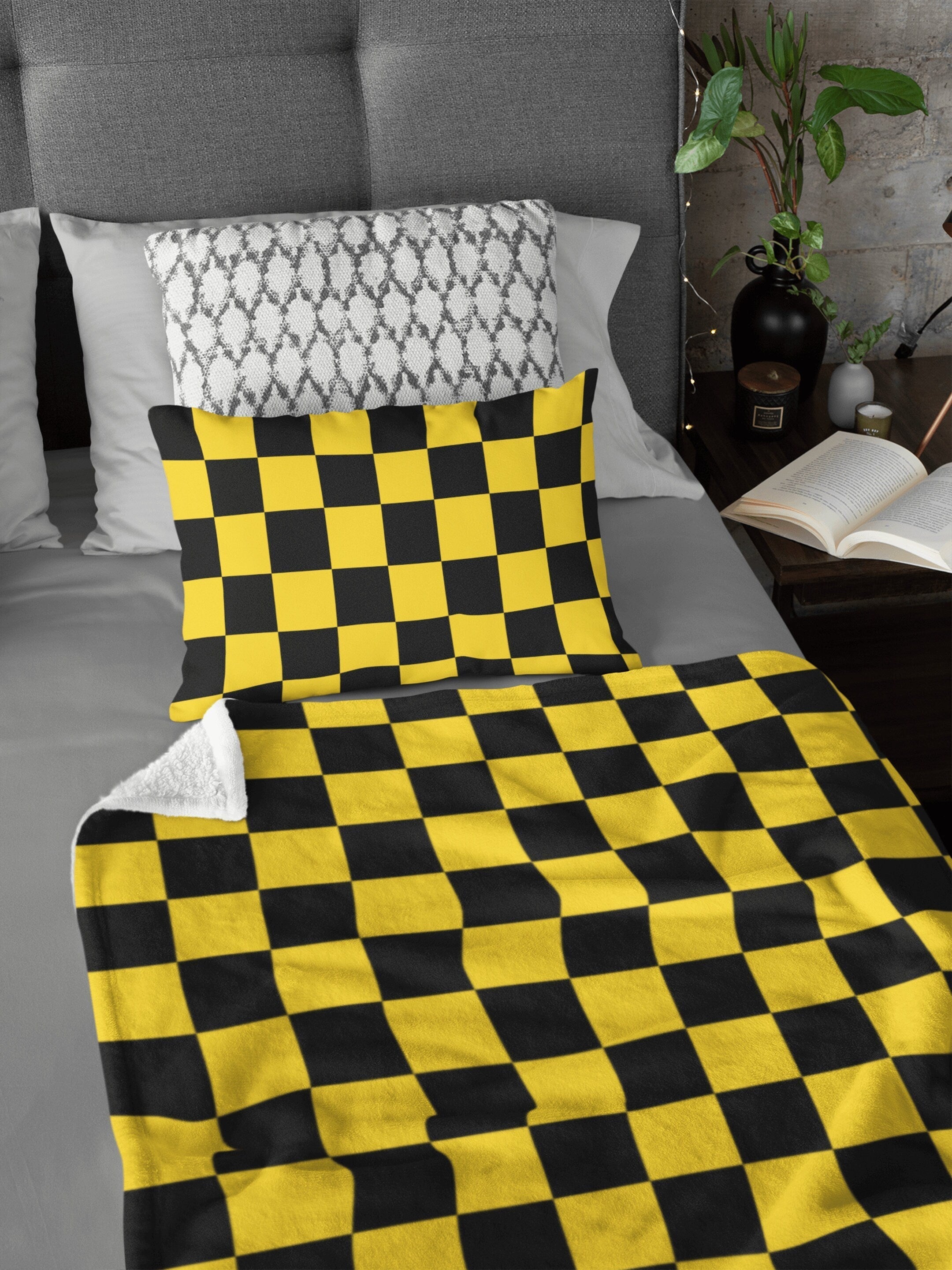 daintyduvet Chess Board Inspired Check Pattern Yellow Soft Fluffy Velvet Flannel Fleece Throw Blanket