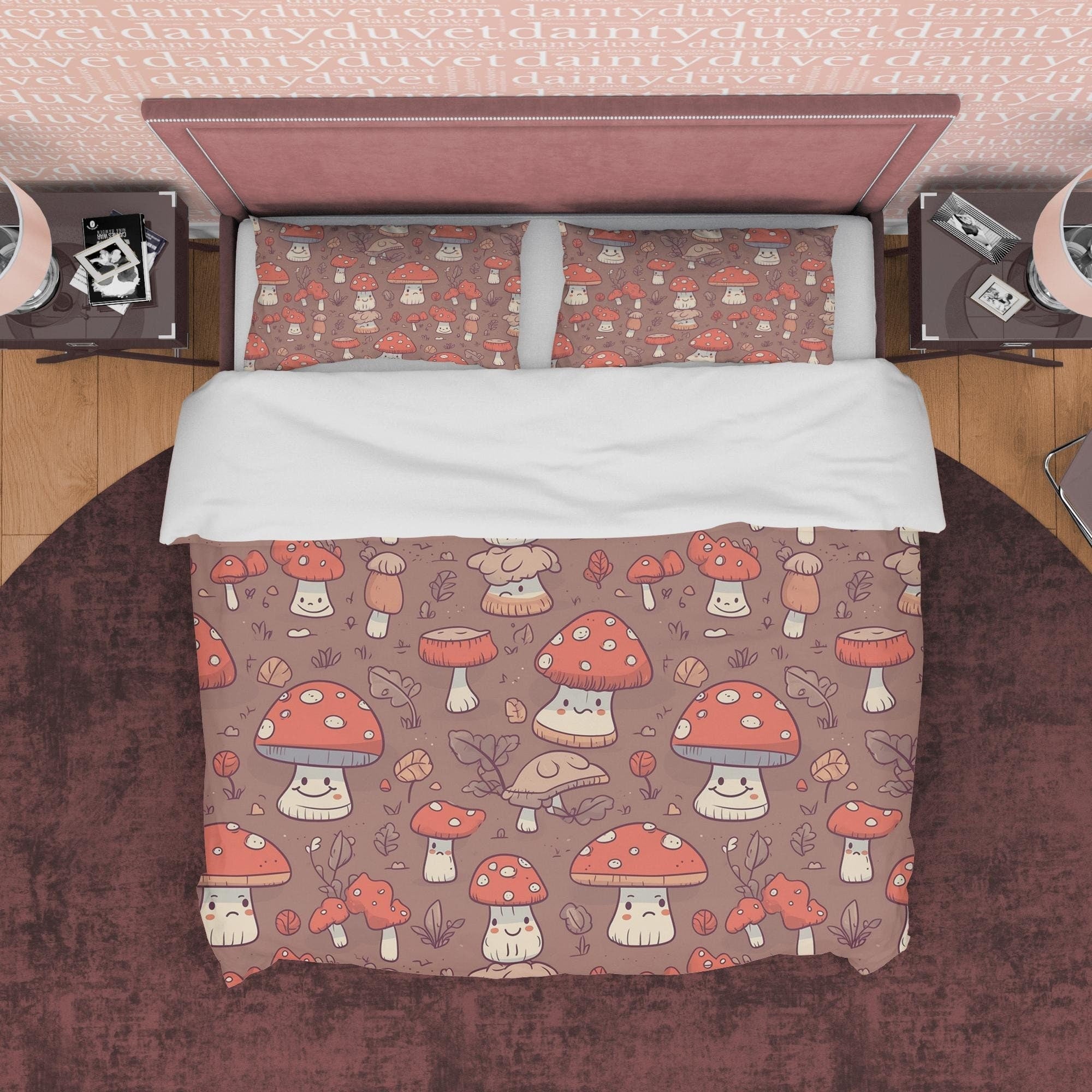 Choco Brown Retro Bedding Set, Mushroom Duvet Cover, Cute Toddler Room Quilt Cover, Unique Bedspread, Jolly Bed Cover, Zipper Bedding