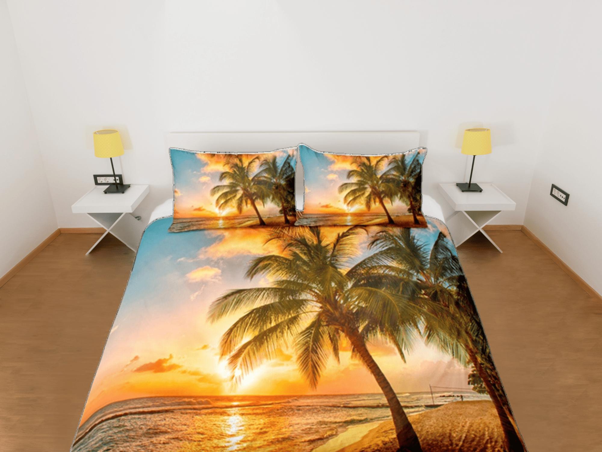 daintyduvet Coconut Tree Ocean Duvet Cover Set, Beach Sunset Dorm Bedding Set, Single Bedding, Tropical Decor