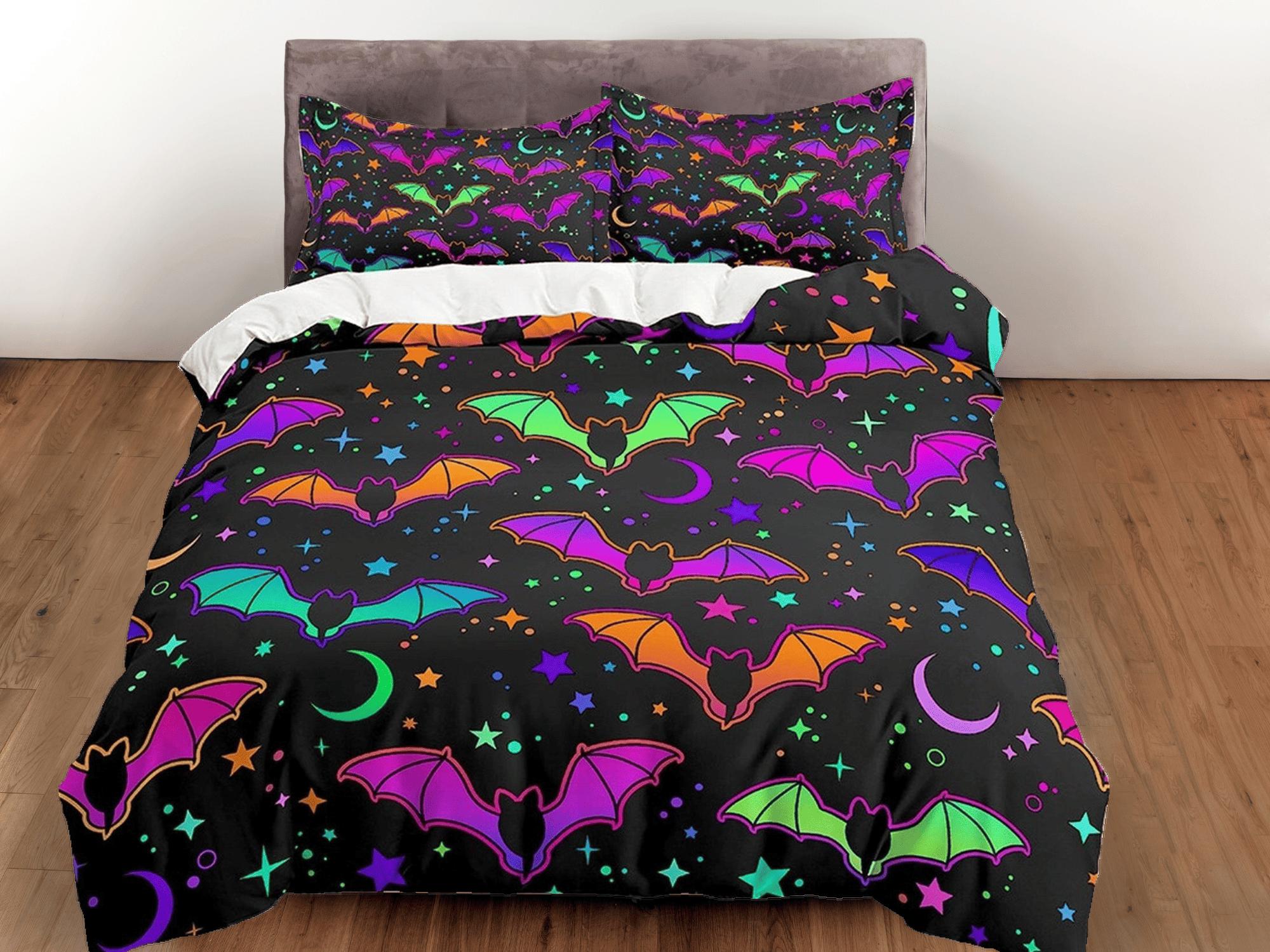 daintyduvet Colorful bats halloween bedding & pillowcase, gothic duvet cover, dorm bedding, halloween goth decor toddler bedding, halloween gift