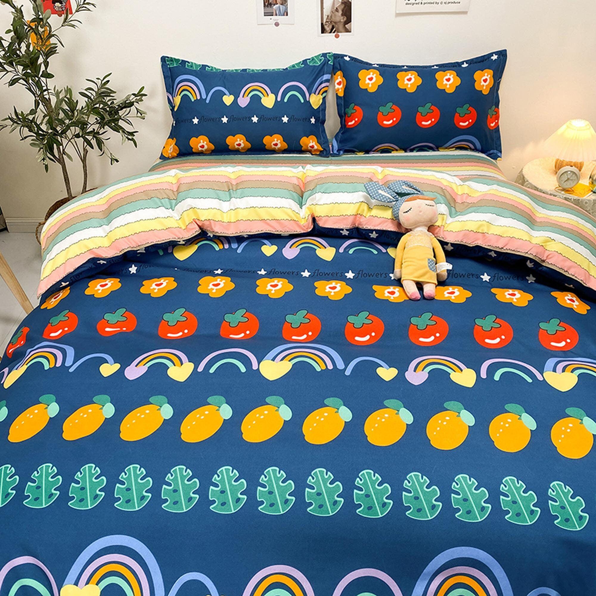 daintyduvet Colorful Bedding Set, Blue Bedding Flat Sheet, Kawaii Dorm Bedding, Aesthetic Bedding, Kids Duvet Cover King Queen Full Twin Single
