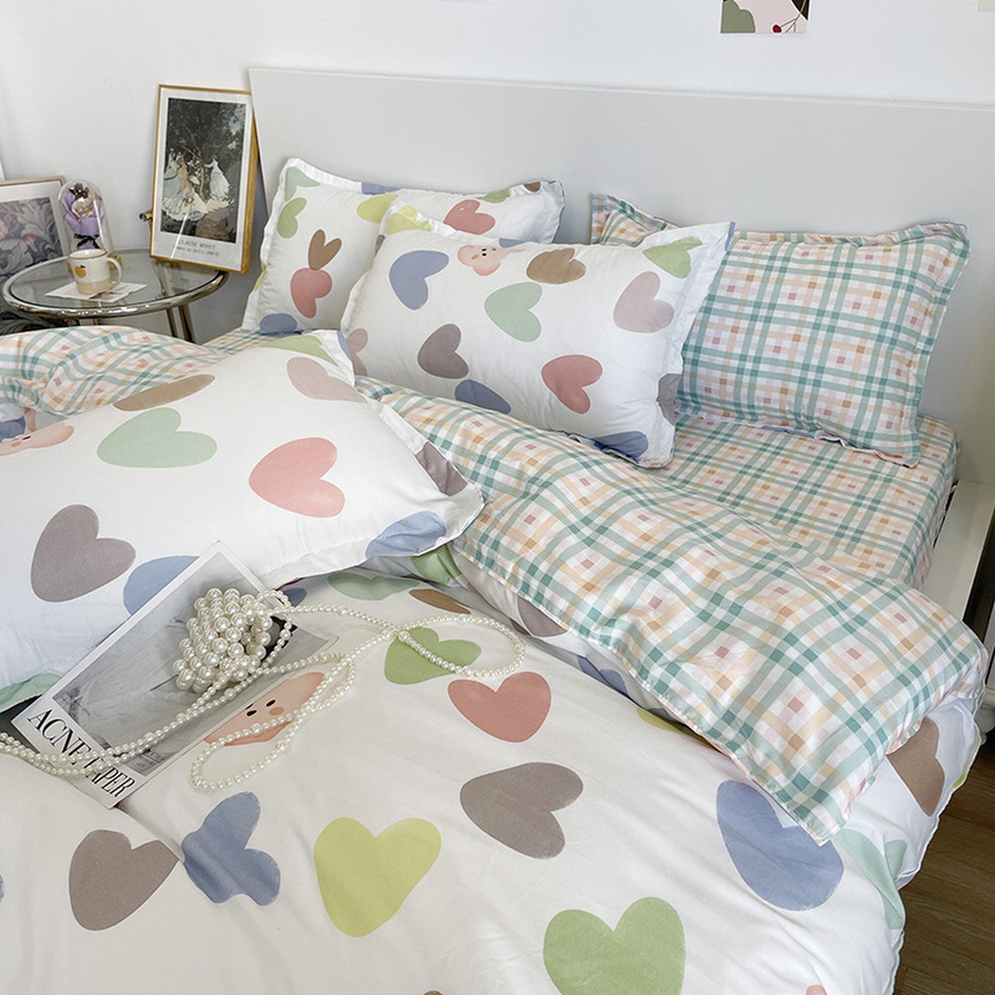 daintyduvet Colorful Bedding Set in Pastel Colors, Hearts Checkered Bedding, Kawaii Dorm Bedding, Aesthetic Bedding, Kids Duvet Cover King Queen Full