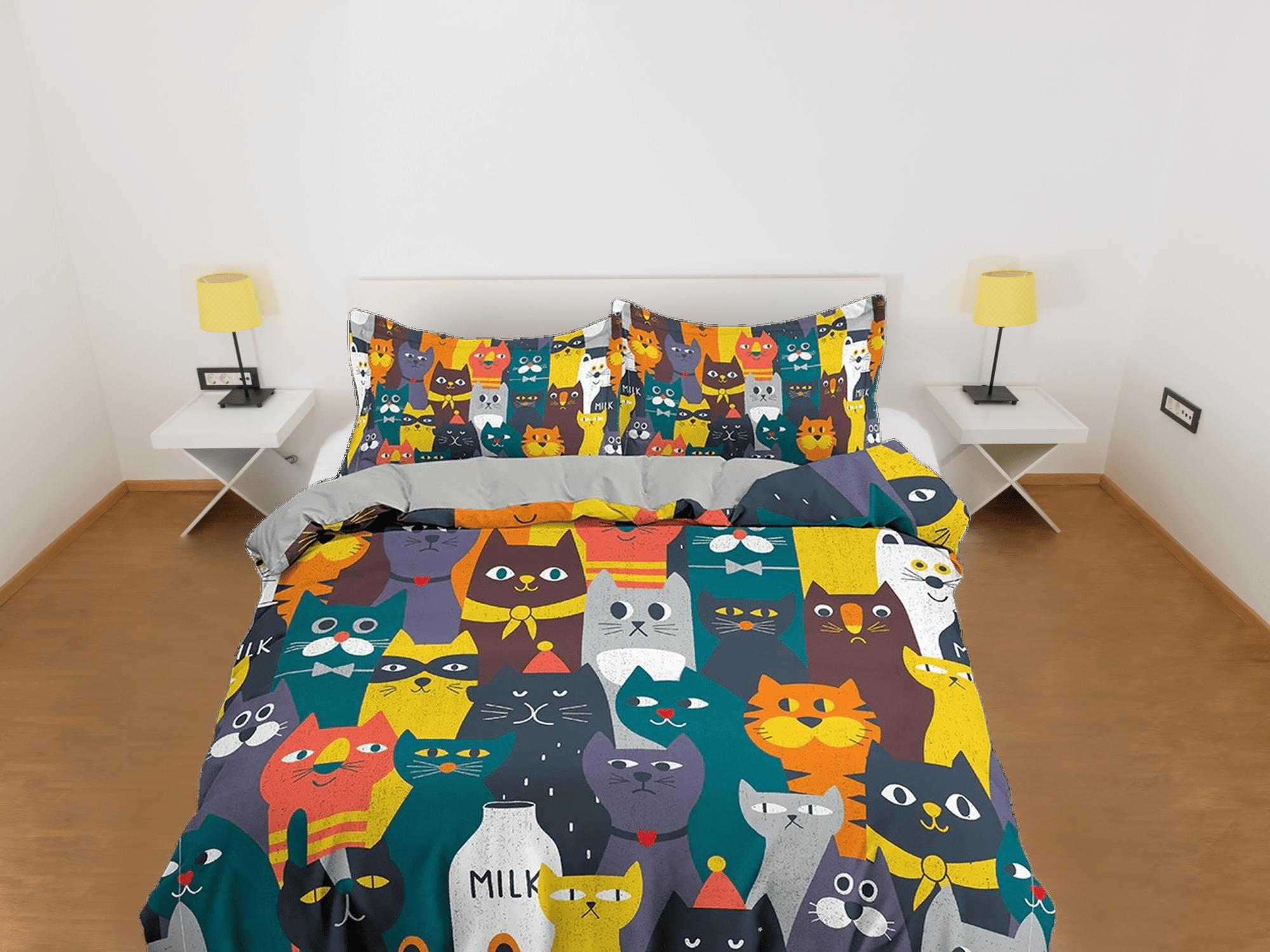 daintyduvet Colorful cats toddler bedding, unique duvet cover for nursery kids, crib bedding for cat lovers, baby zipper bedding, king queen full twin