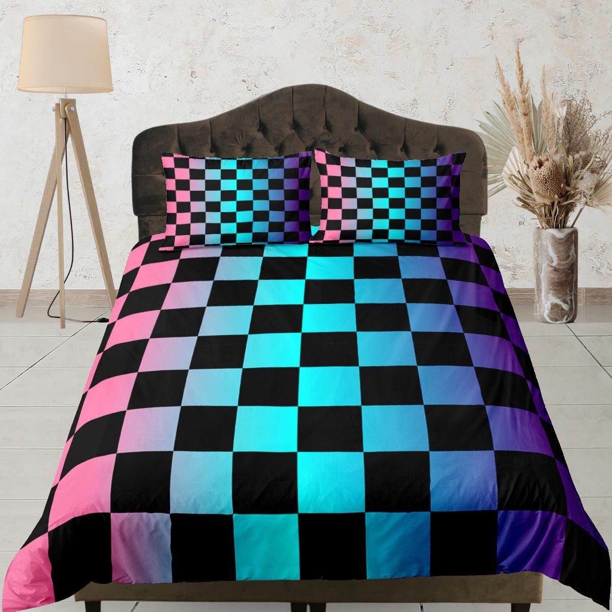 daintyduvet Colorful Checkered Fabric Duvet Cover Dorm Bedding Set Full Checkered Comforter Cover