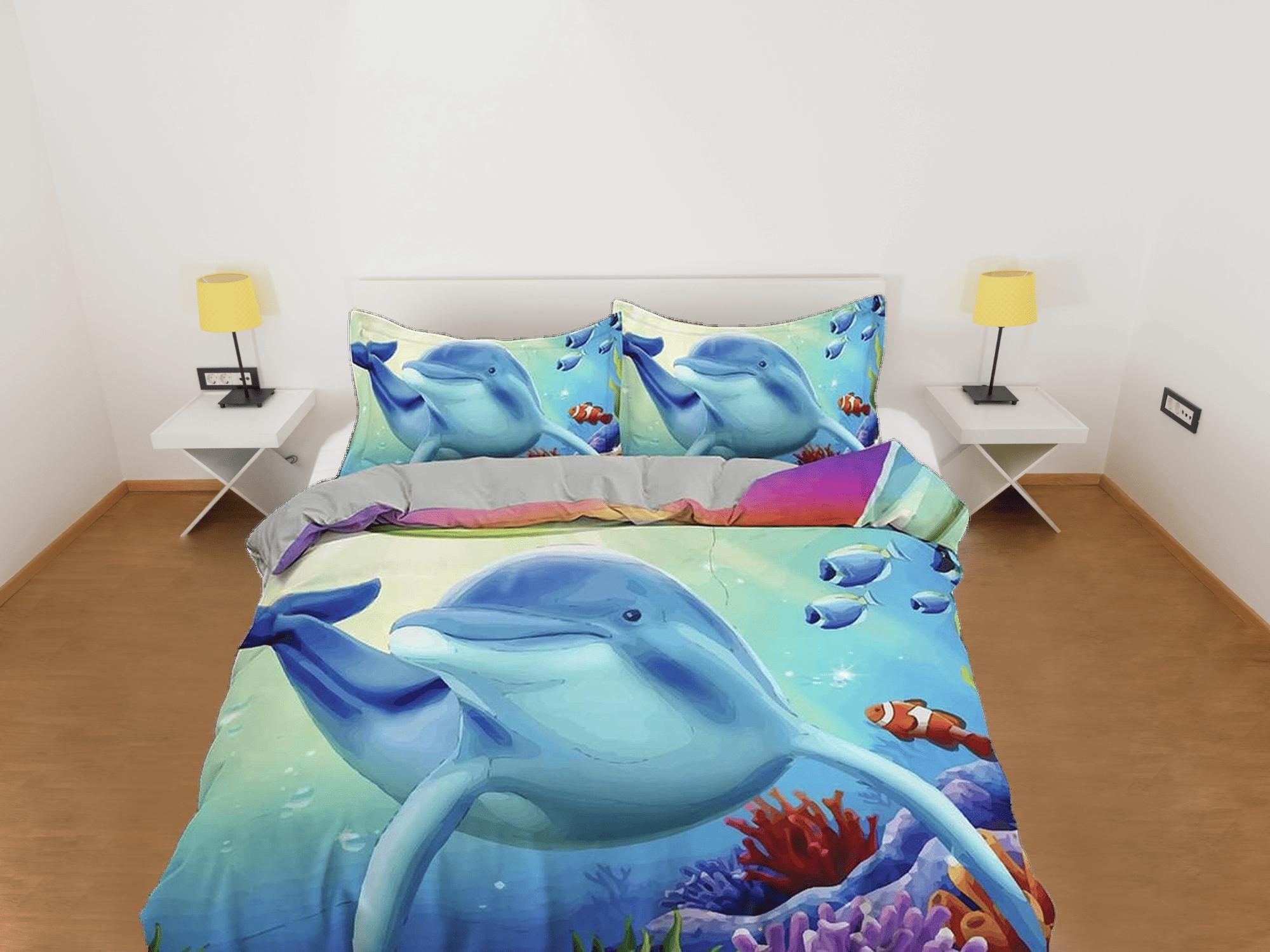 daintyduvet Colorful corals and dolphin bedding duvet cover, ocean blush decor bottle nose dolphin bedding set full king queen twin, dorm bedding gift