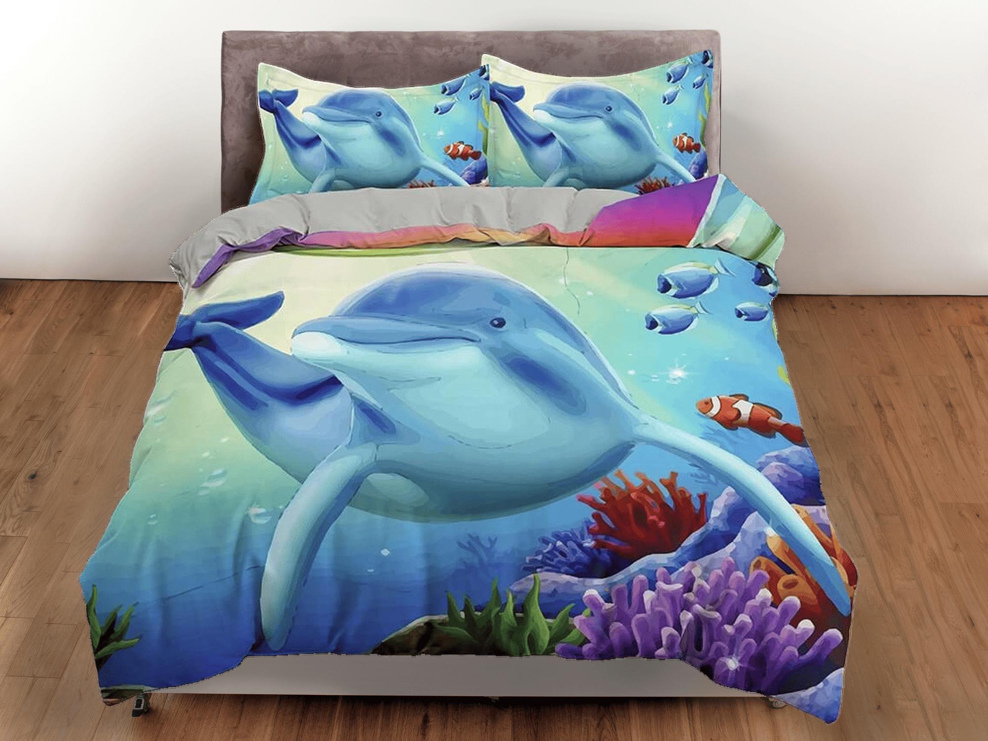daintyduvet Colorful corals and dolphin bedding duvet cover, ocean blush decor bottle nose dolphin bedding set full king queen twin, dorm bedding gift
