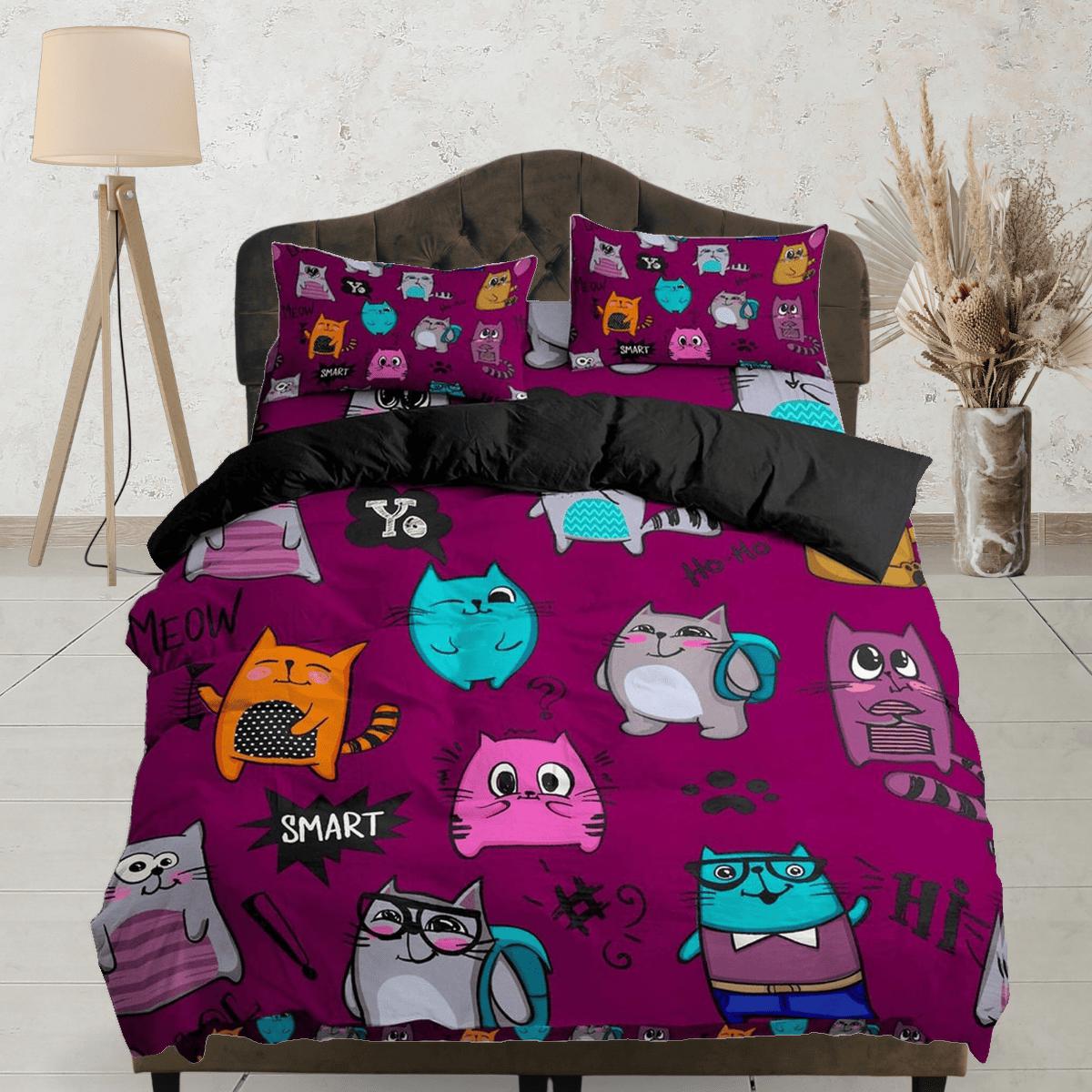 daintyduvet Colorful cute cat bedding violet, toddler bedding, kids duvet cover set, gift for cat lovers, baby bedding, baby shower gift